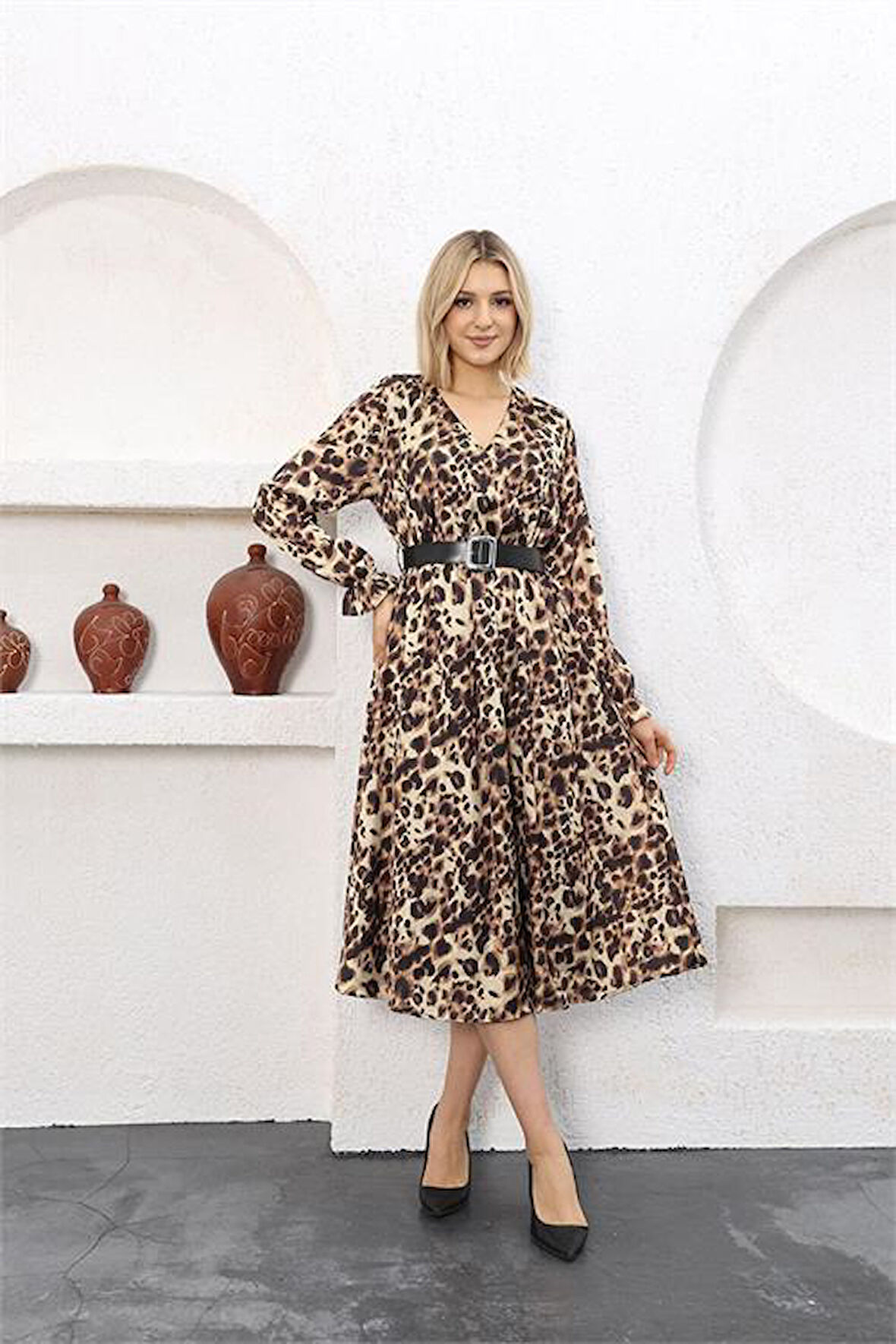 Dipmoda kadın leopar midi boy kemerli saten elbise RSSN51