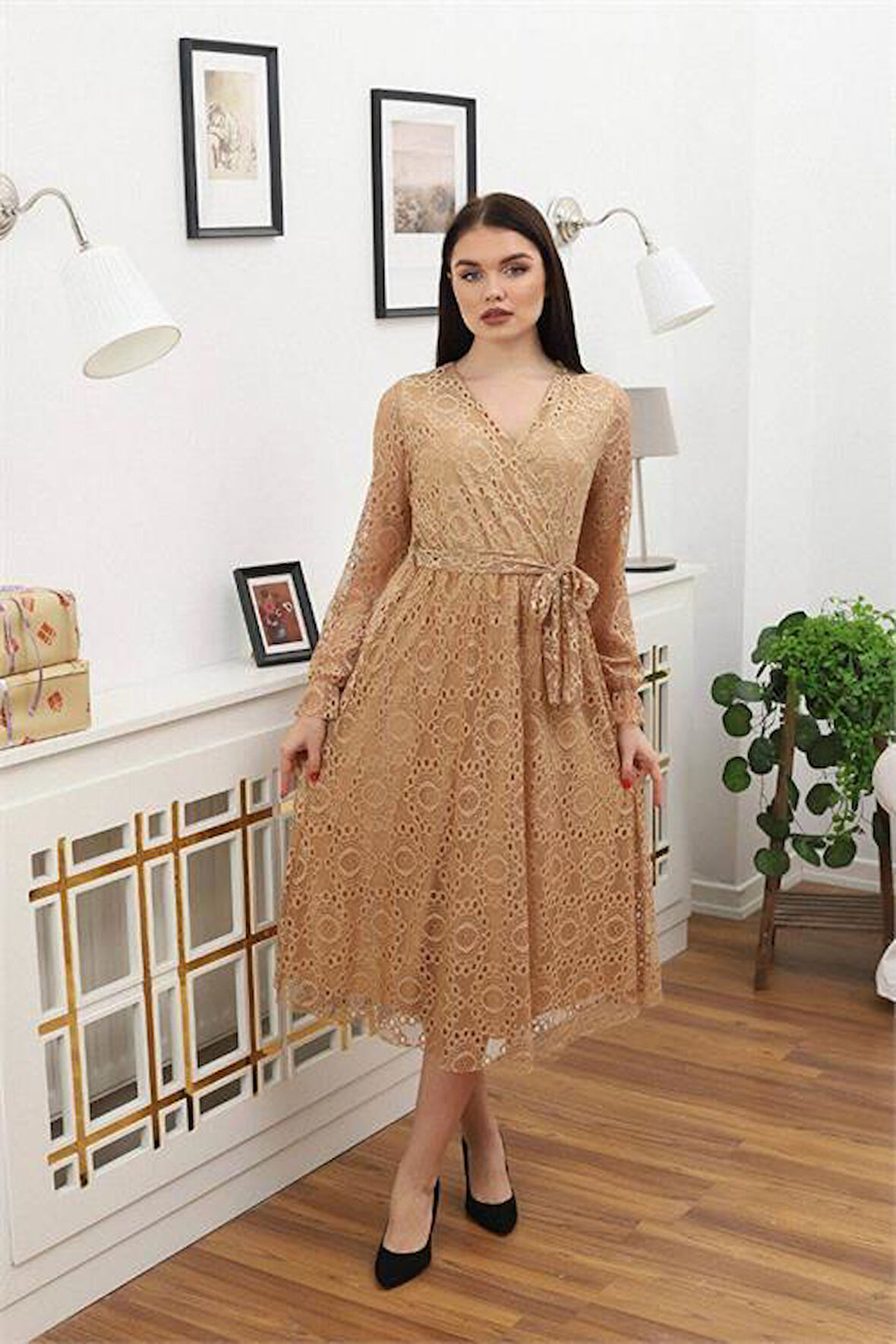 Dipmoda kadın bağlama detaylı dantel elbise RSSN619 - Camel