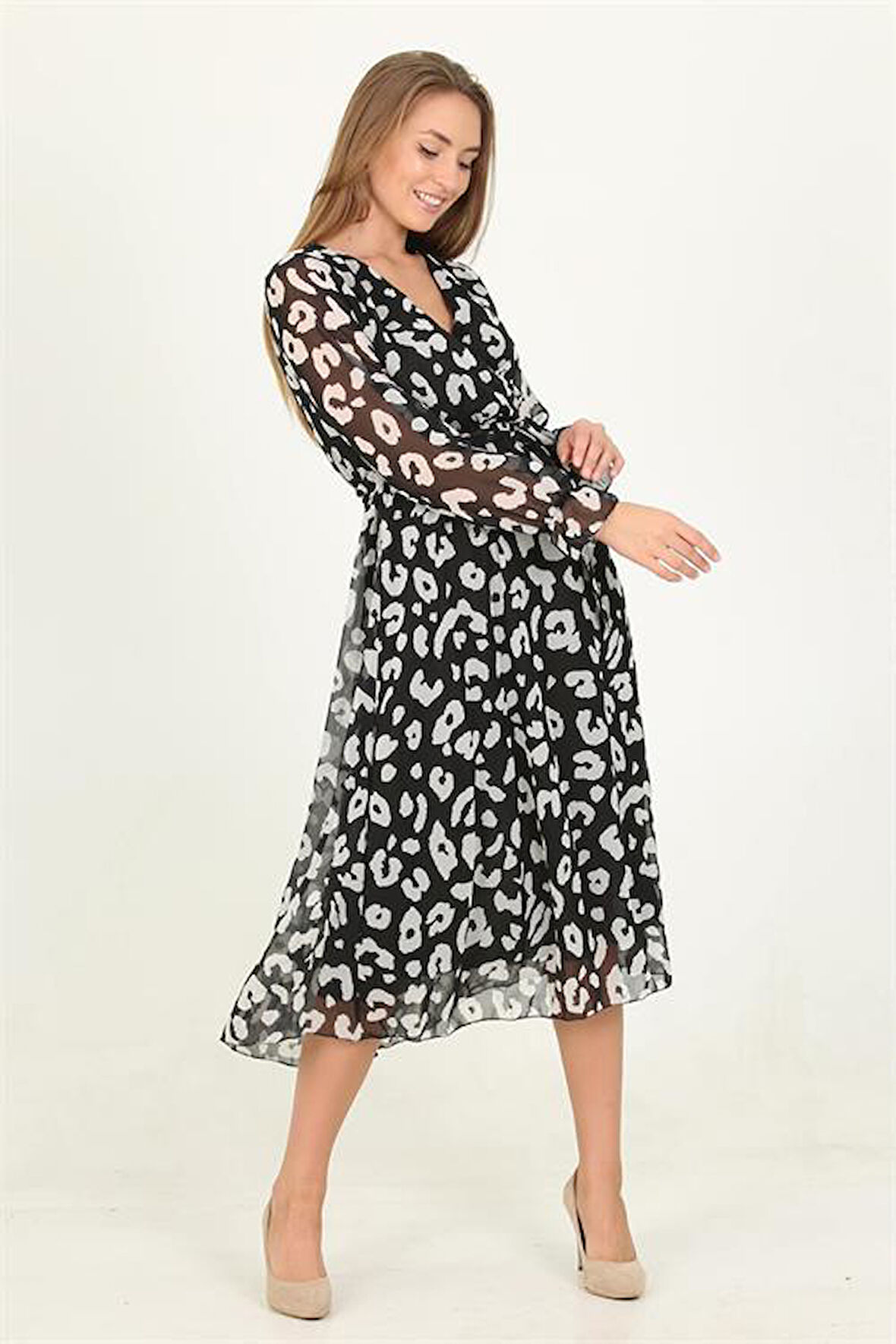 Dipmoda kadın desenli bağlama detaylı midi boy astarlı şifon elbise RSSN14