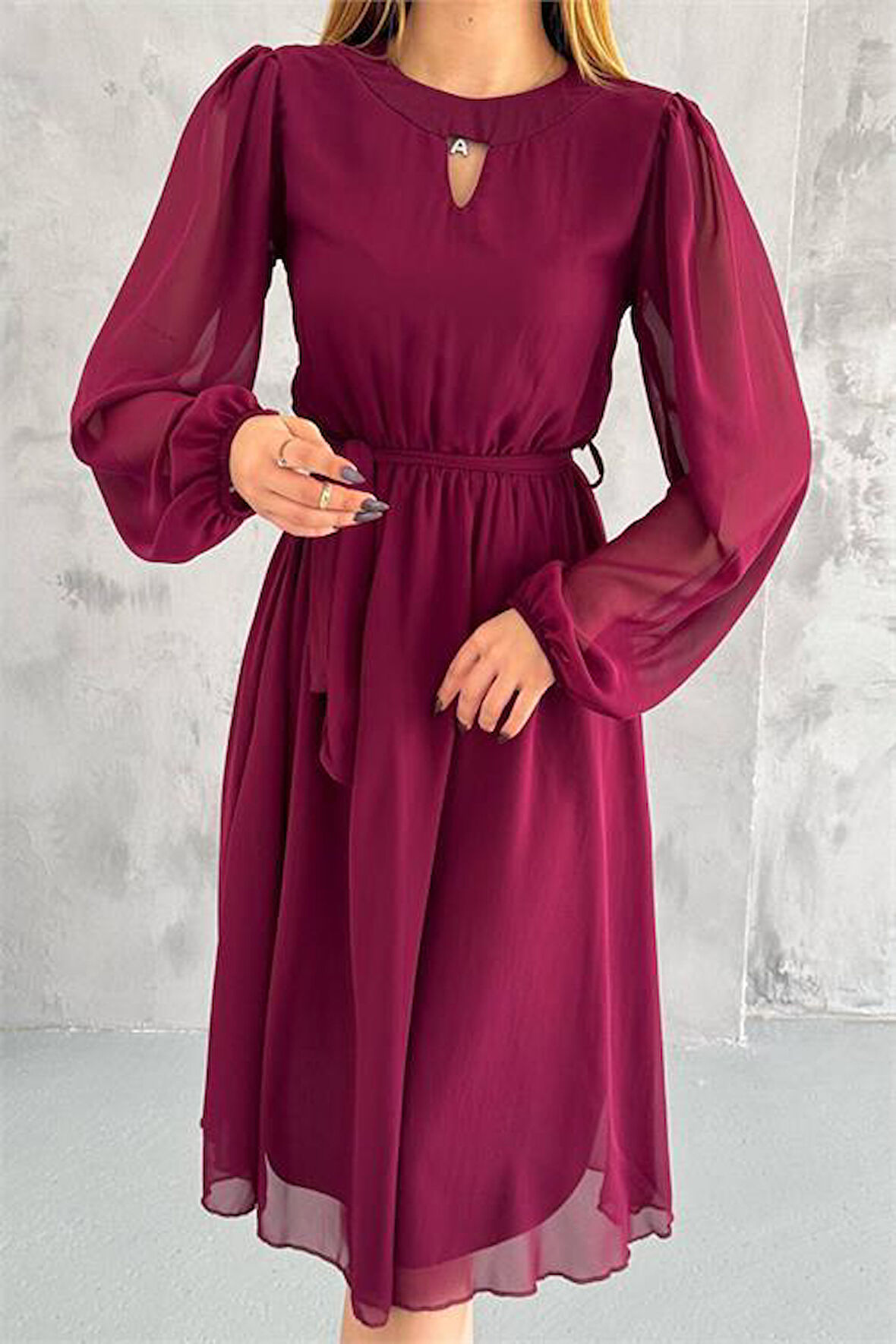 Dipmoda kadın bordo midi boy astarlı şifon elbise DPKKLF2027