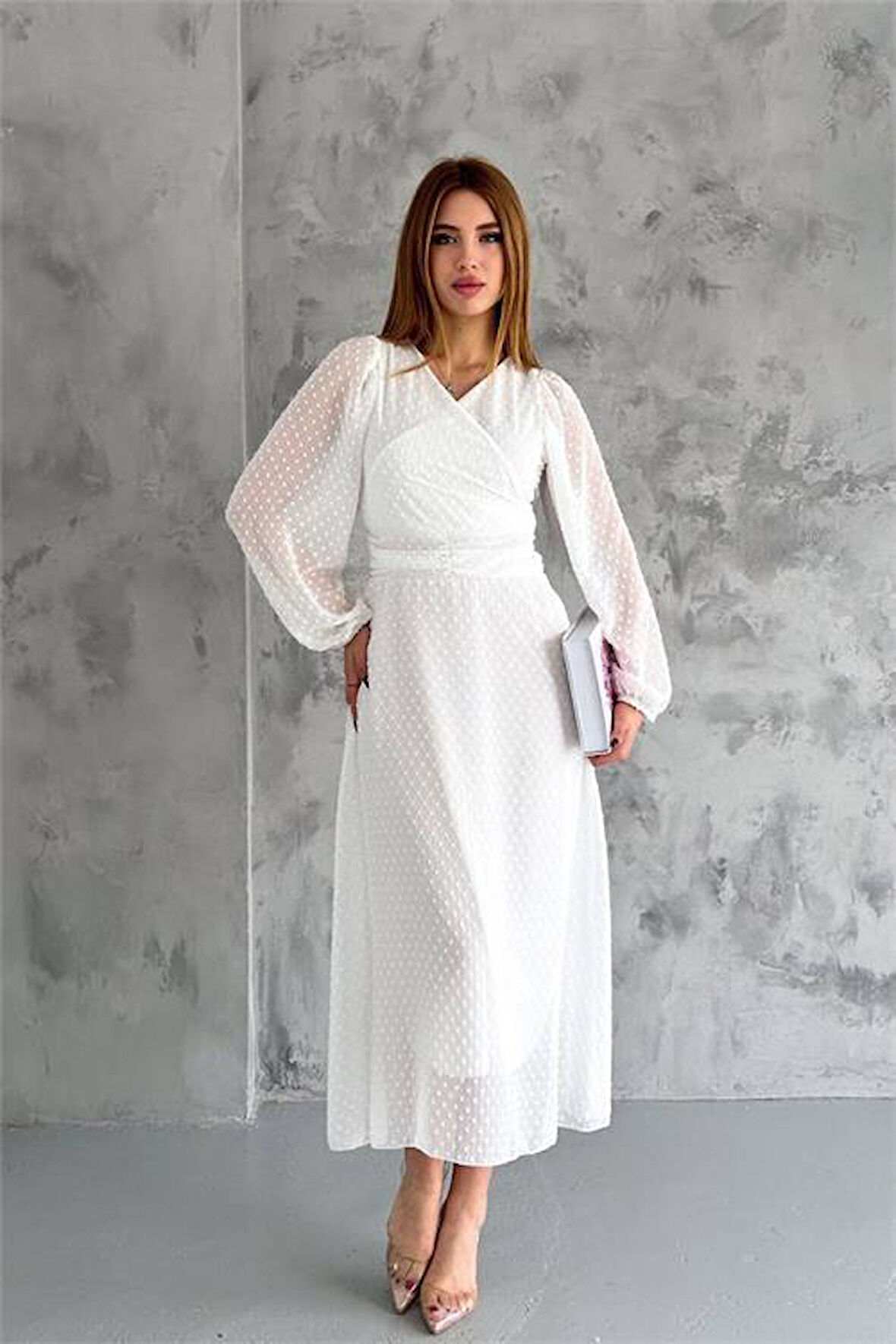 Dipmoda kadın kemer detaylı astarlı ponpon şifon elbise DPKKLF2052