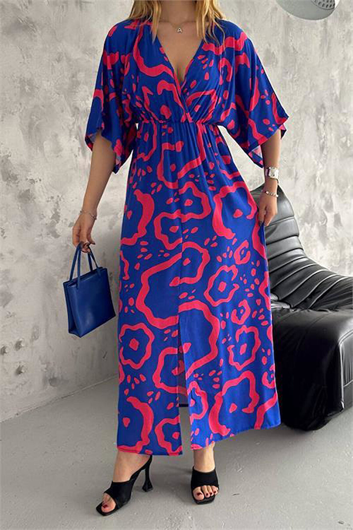 Dipmoda kadın kruvaze yaka desenli dokuma viskon elbise DPK2091