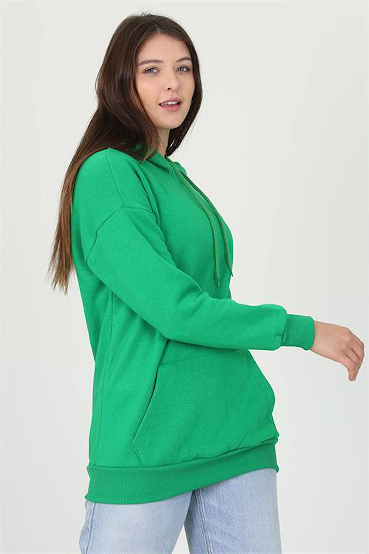 Dipmoda kadın yeşil kapüşonlu kanguru cepli üç iplik sweatshirt FVR002