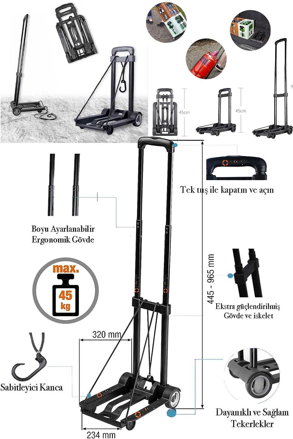 Katlanır Taşıma Arabası Ergonomik Tasarım Yük Koli Kargo Malzeme Taşıma Arabası