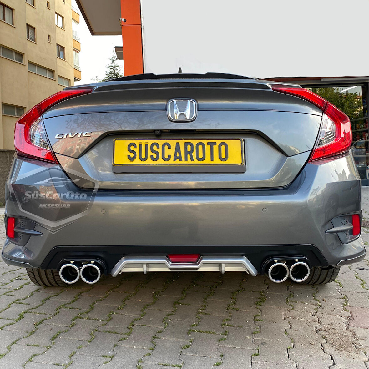 Honda Civic FC5 2016-2021 Araca Özel Siyah Gri Arka Difüzör Tırnaklı 4 Yuvarlak Egzoz Çıkışlı Arka Tampon Eki İthal 1.Sınıf
