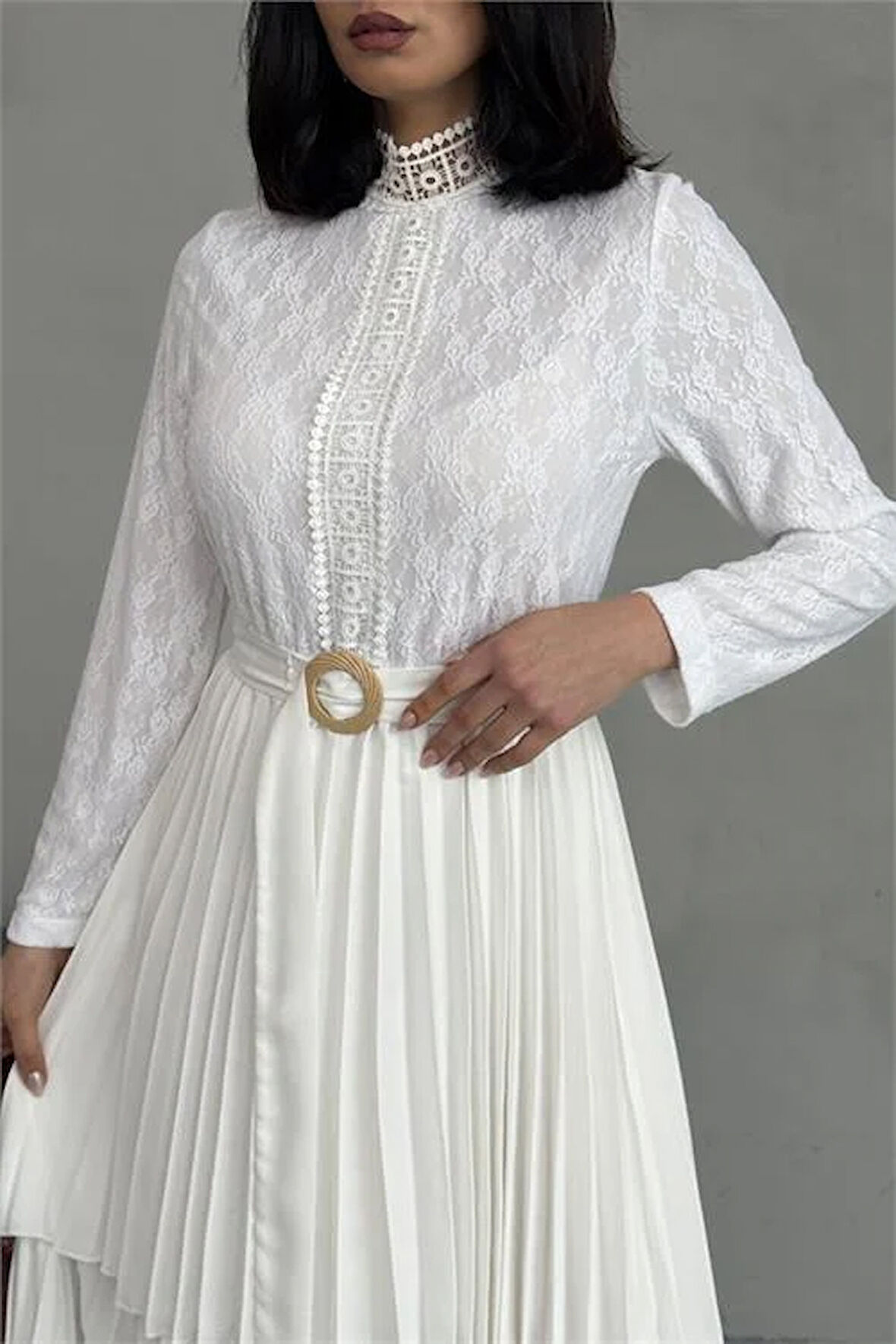 Dipmoda kadın krep kumaş dantel detaylı kemerli uzun elbise DPMS2525