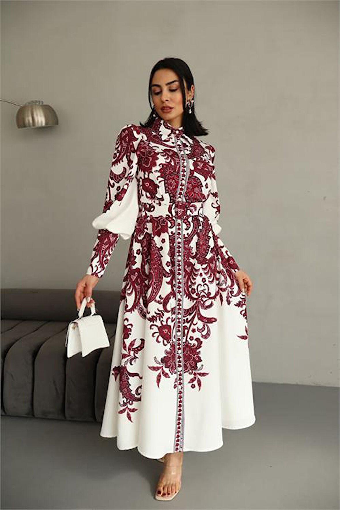 Dipmoda kadın kemerli uzun desenli gömlek elbise DPMS4220