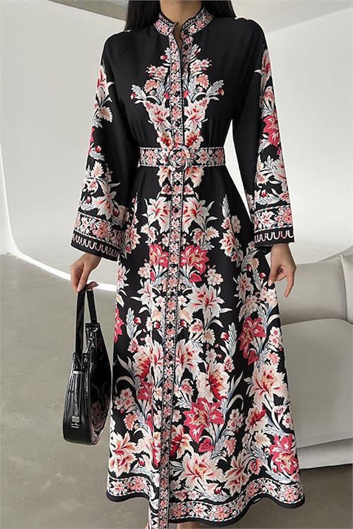 Dipmoda kadın kemerli yazlık uzun elbise DPMS4235