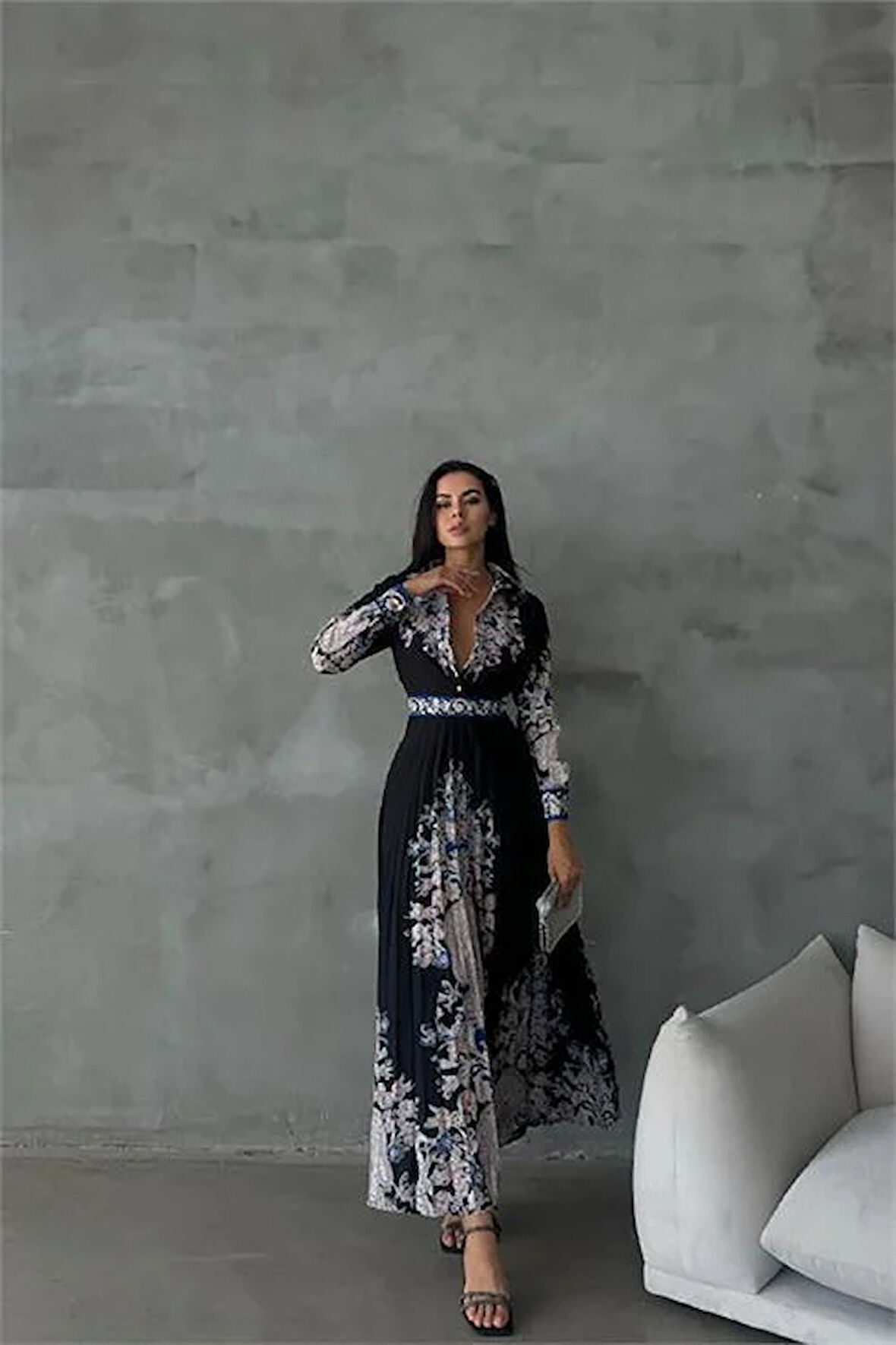 Dipmoda kadın siyah atlas kumaş desenli elbise DPMS42131