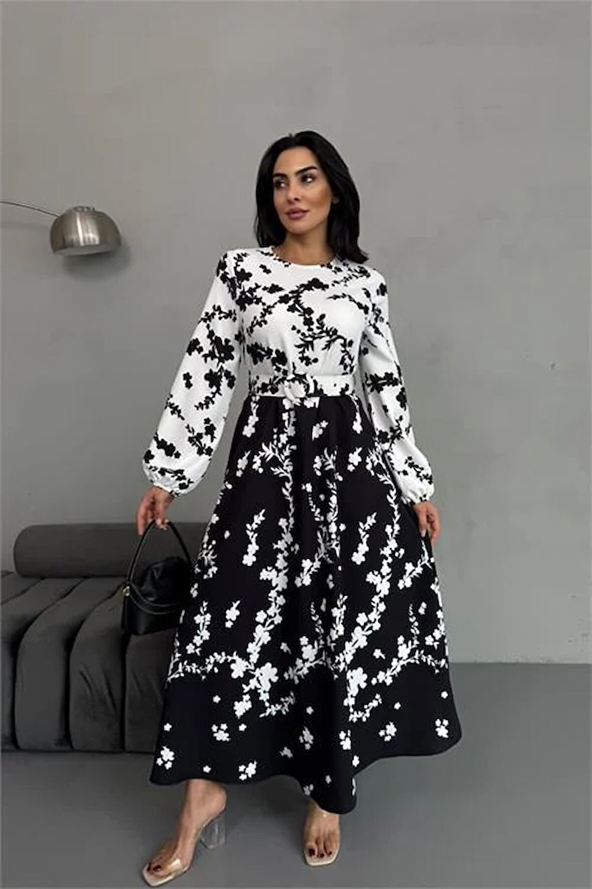 Dipmoda kadın desenli atlas kumaş kemerli elbise DPMS2530