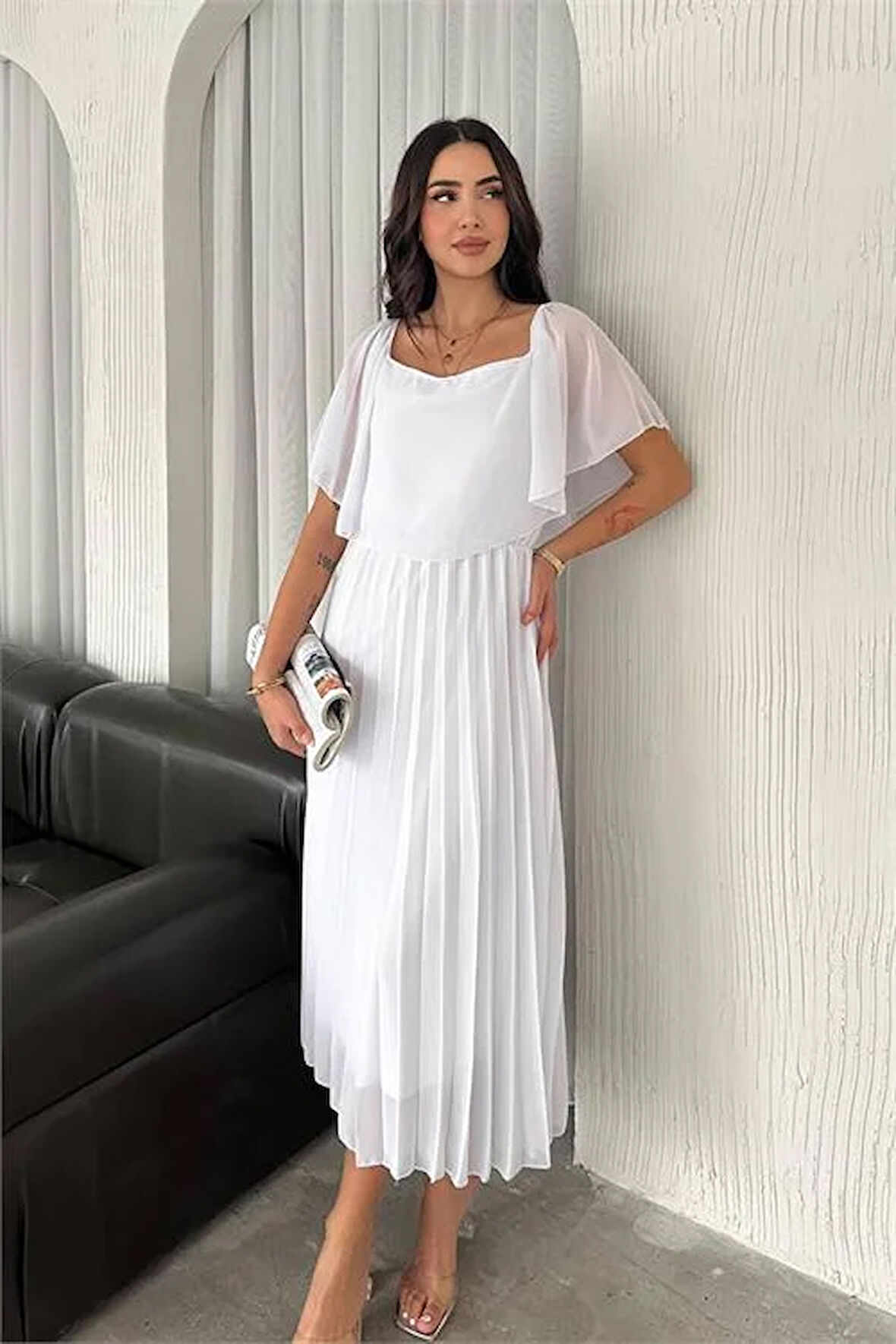Dipmoda kadın beyaz pileli midi boy şifon elbise DPK4102