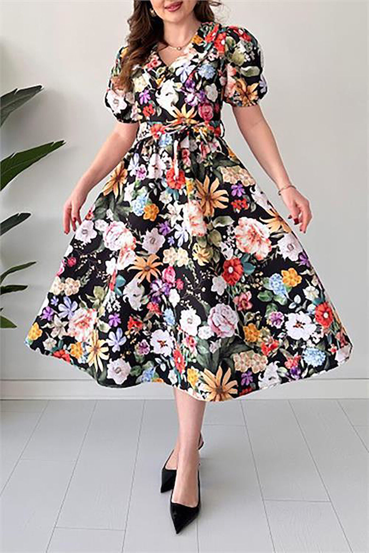 Kuşaklı poplin kumaş Çiçek desenli elbise DPMY3467