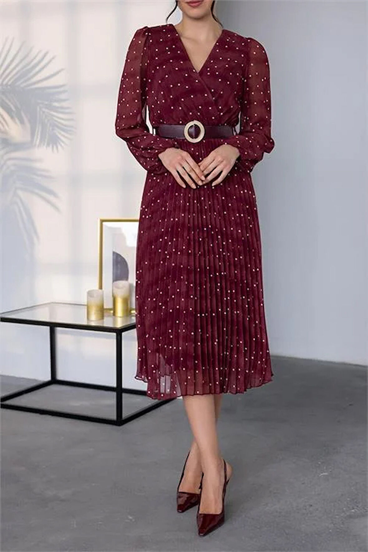 Kemer Detaylı Puantiye Desenli Şifon Elbise NBMY3286