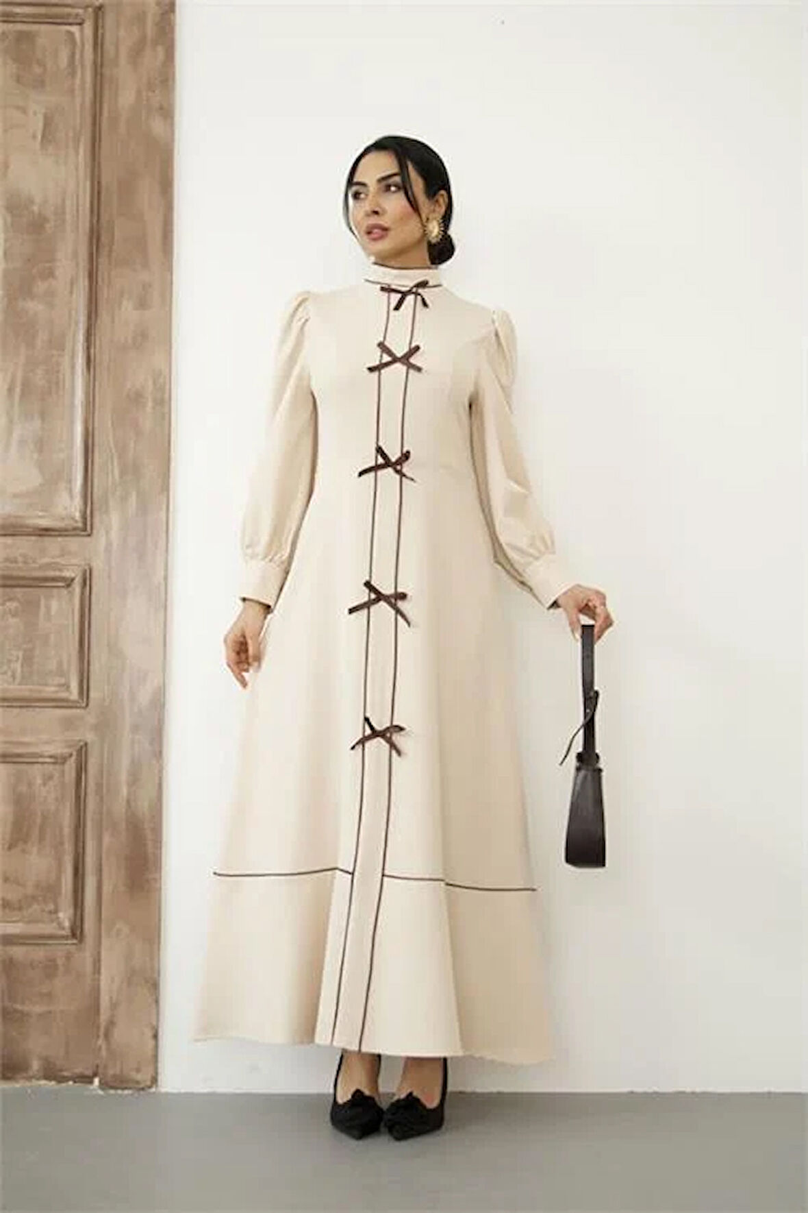 Kadın Özel Tasarım atlas kumaş fiyonk detaylı uzun elbise DPMS2515