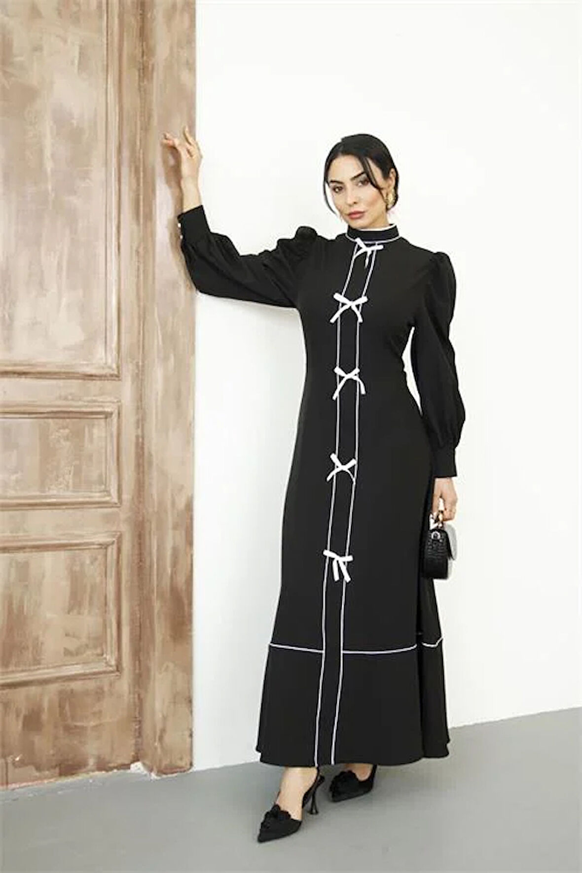 Kadın Özel Tasarım atlas kumaş fiyonk detaylı uzun elbise DPMS2515