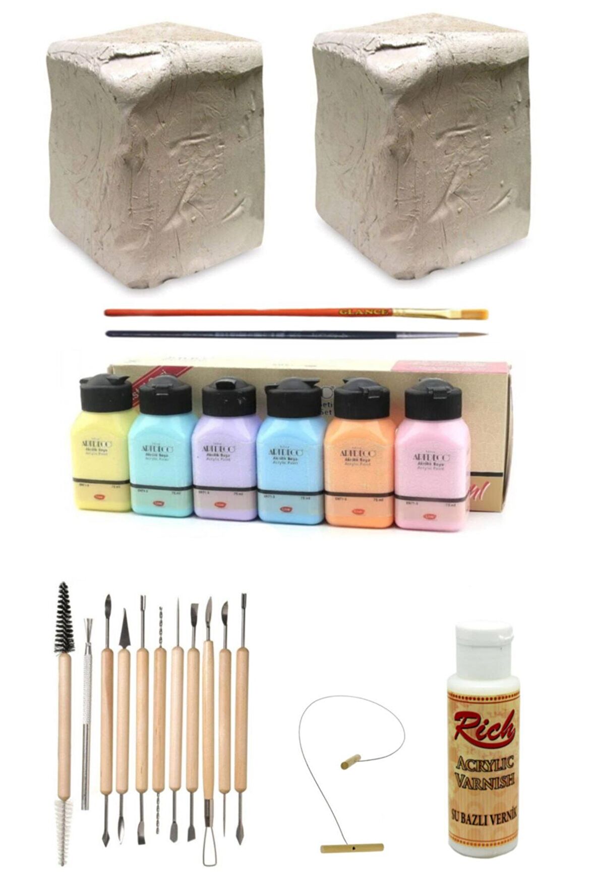 Beyaz Seramik Hamuru 6x2 kg Kil Şekillendirme Set 11'li Artdeco Akrilik Boya 6x75 ml Pastel Renkler