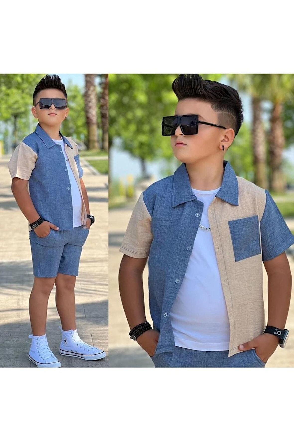 Çift Renkli Tarz Keten Takım