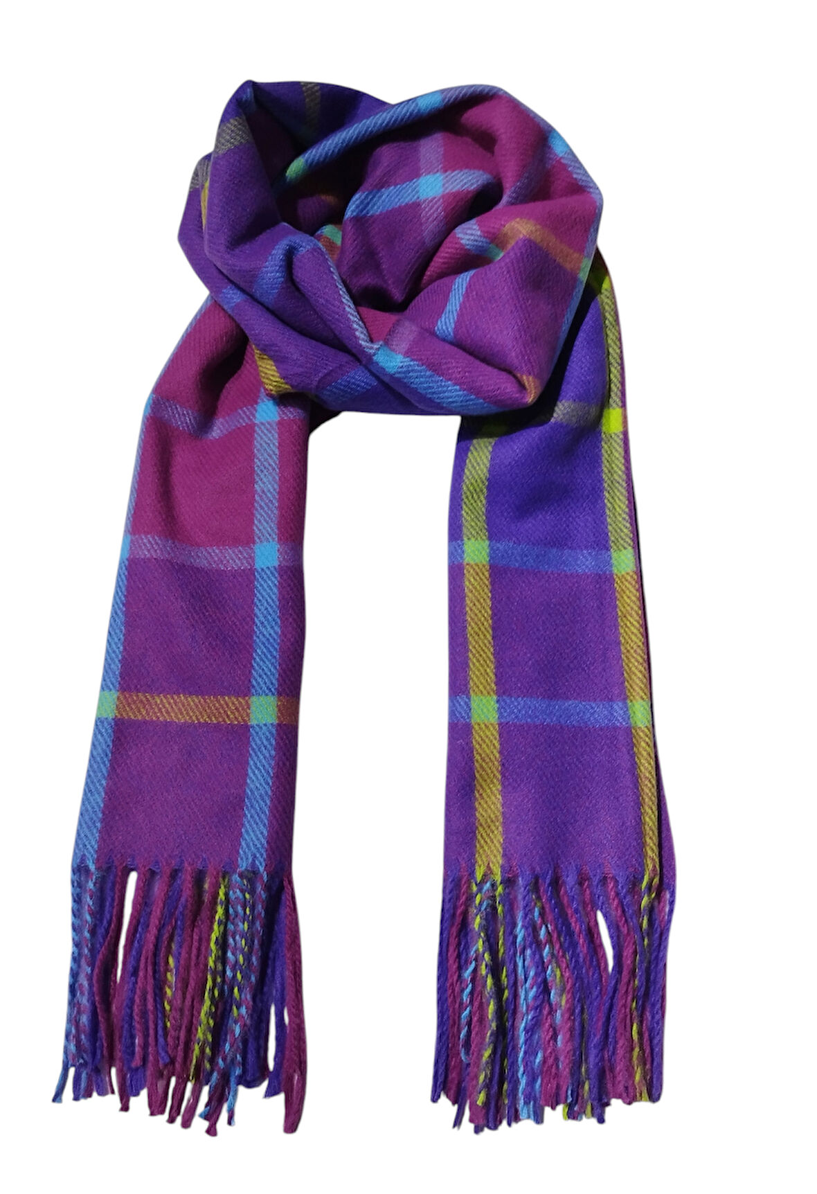 Neon Yeşil Mavi Çizgili Mor Yumoş Kışlık Şal (70*180)