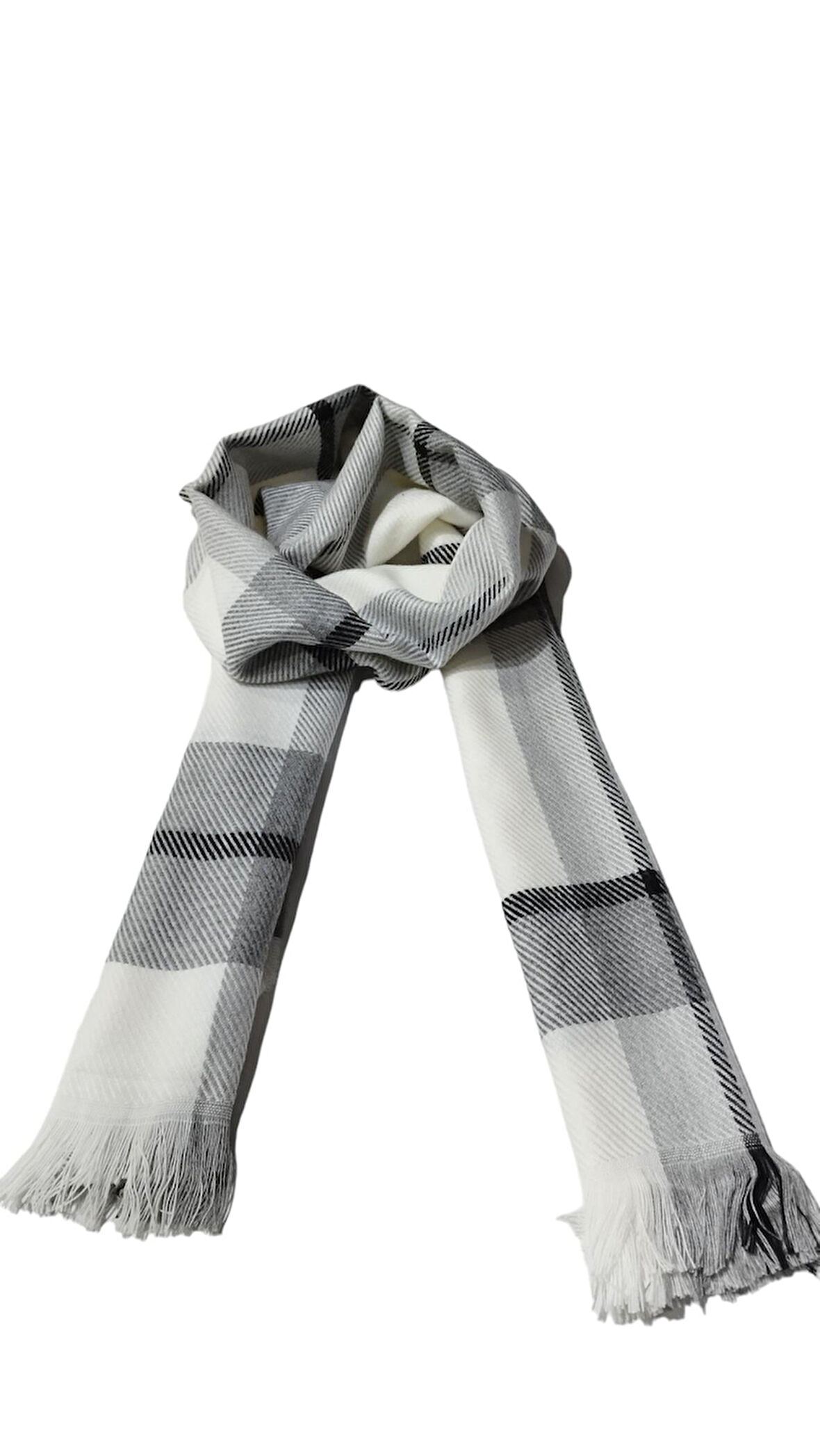 Kırık Beyaz Zemin Üzerine Gri Siyah Kareli Kışlık Şal  (70*180)