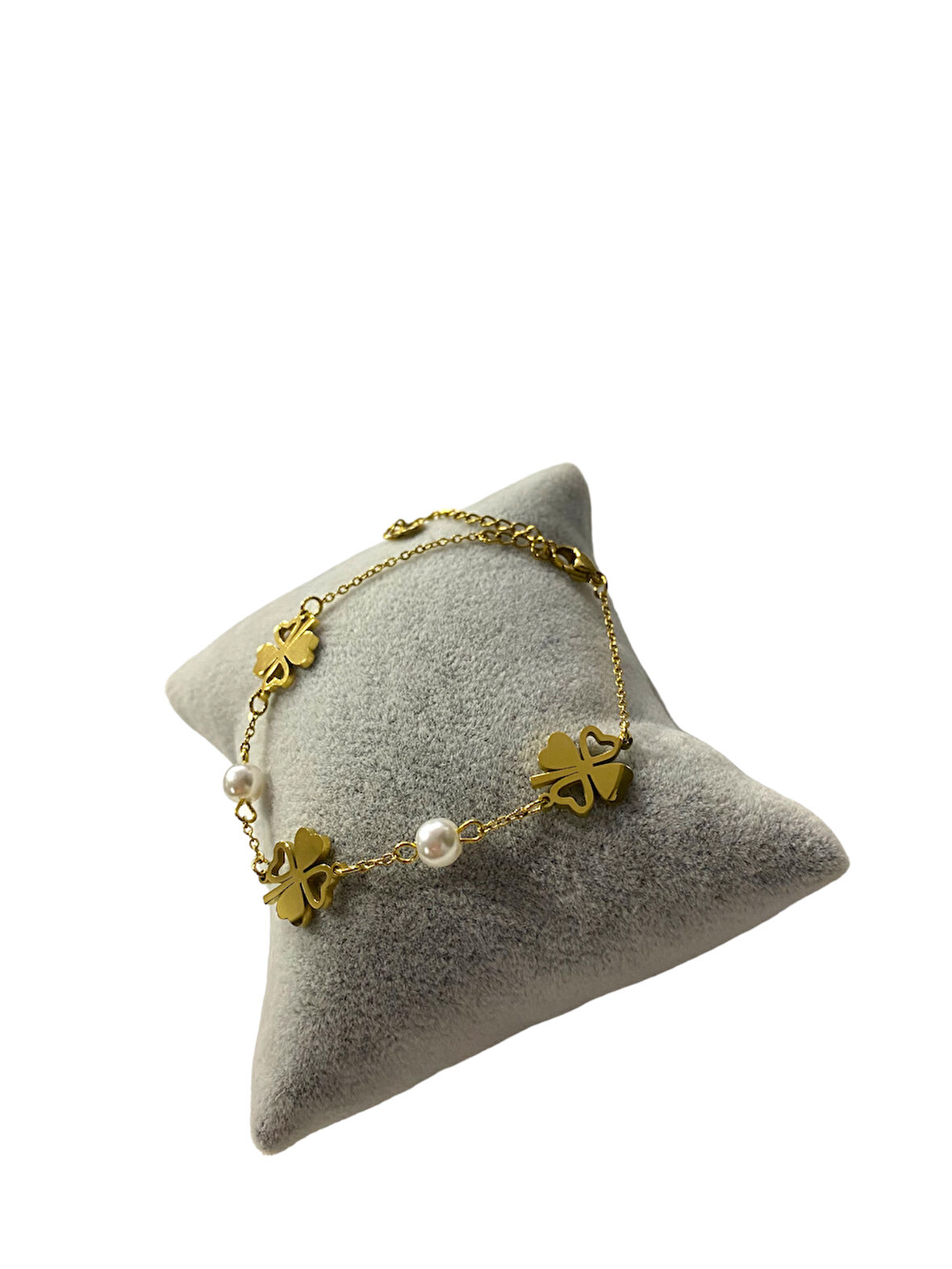 Çelik Yonca İnci Detaylı Altın Renk Kararmaz kadin Bileklik