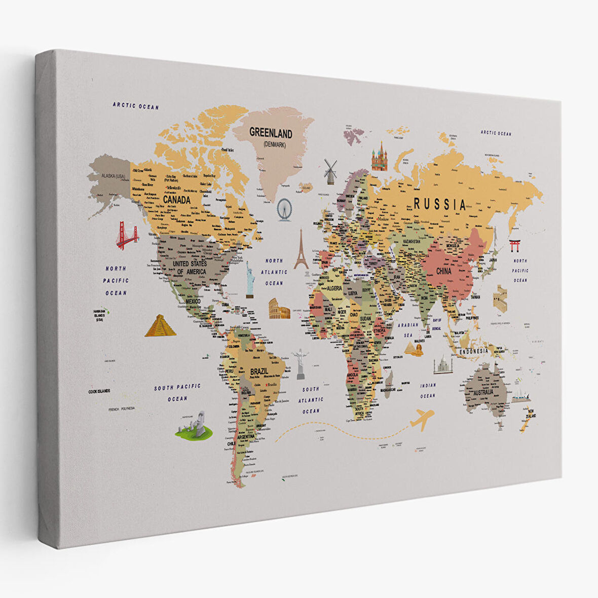 Harita Sepeti Dünya Haritası Çok Detaylı Ünlü Yerler Sembollü Kanvas Tablo 1748