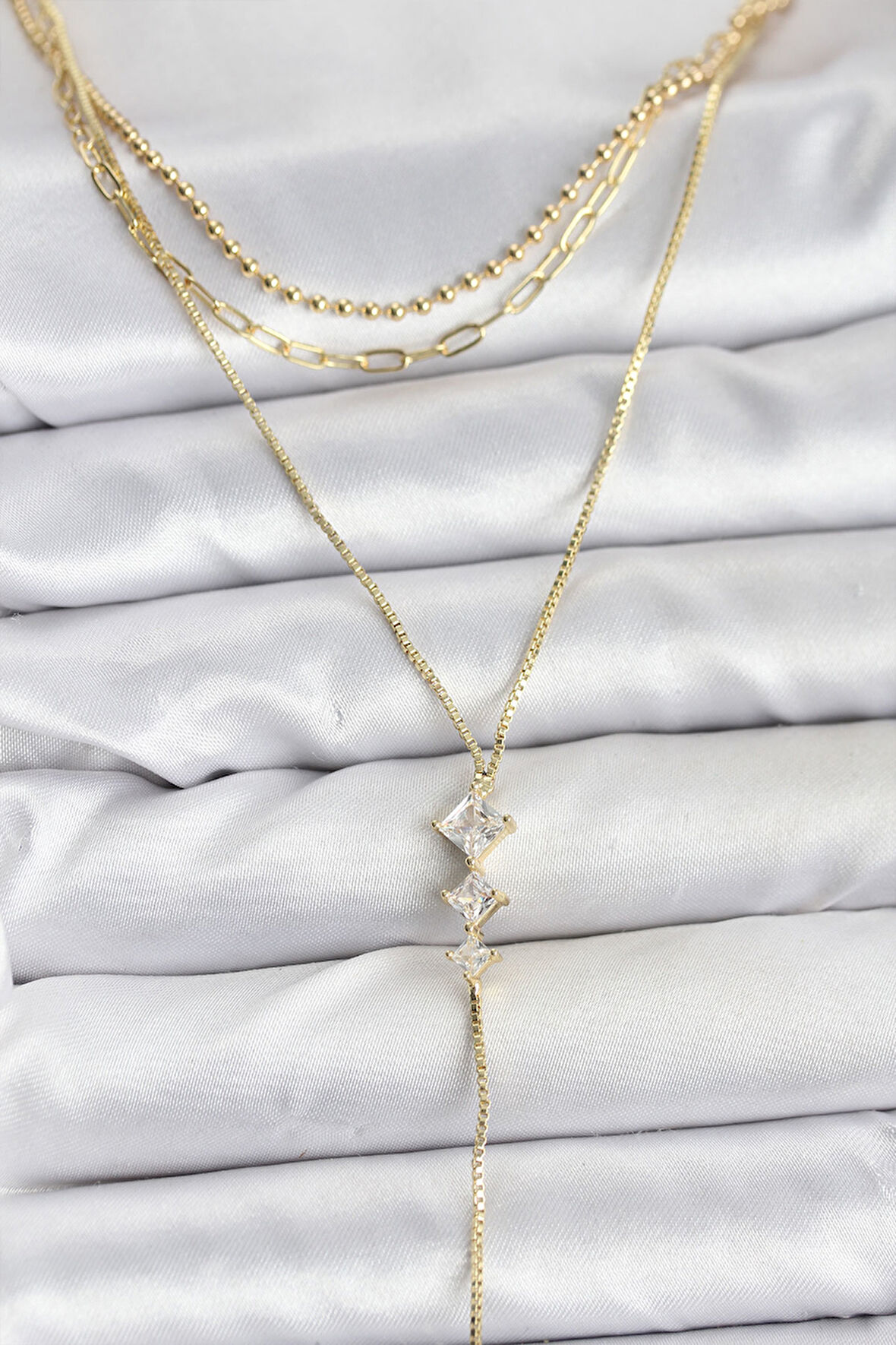 Pirinç Gold Renk Zirkon Taş Detaylı 3'lü Kombin Y Kadın Kolye