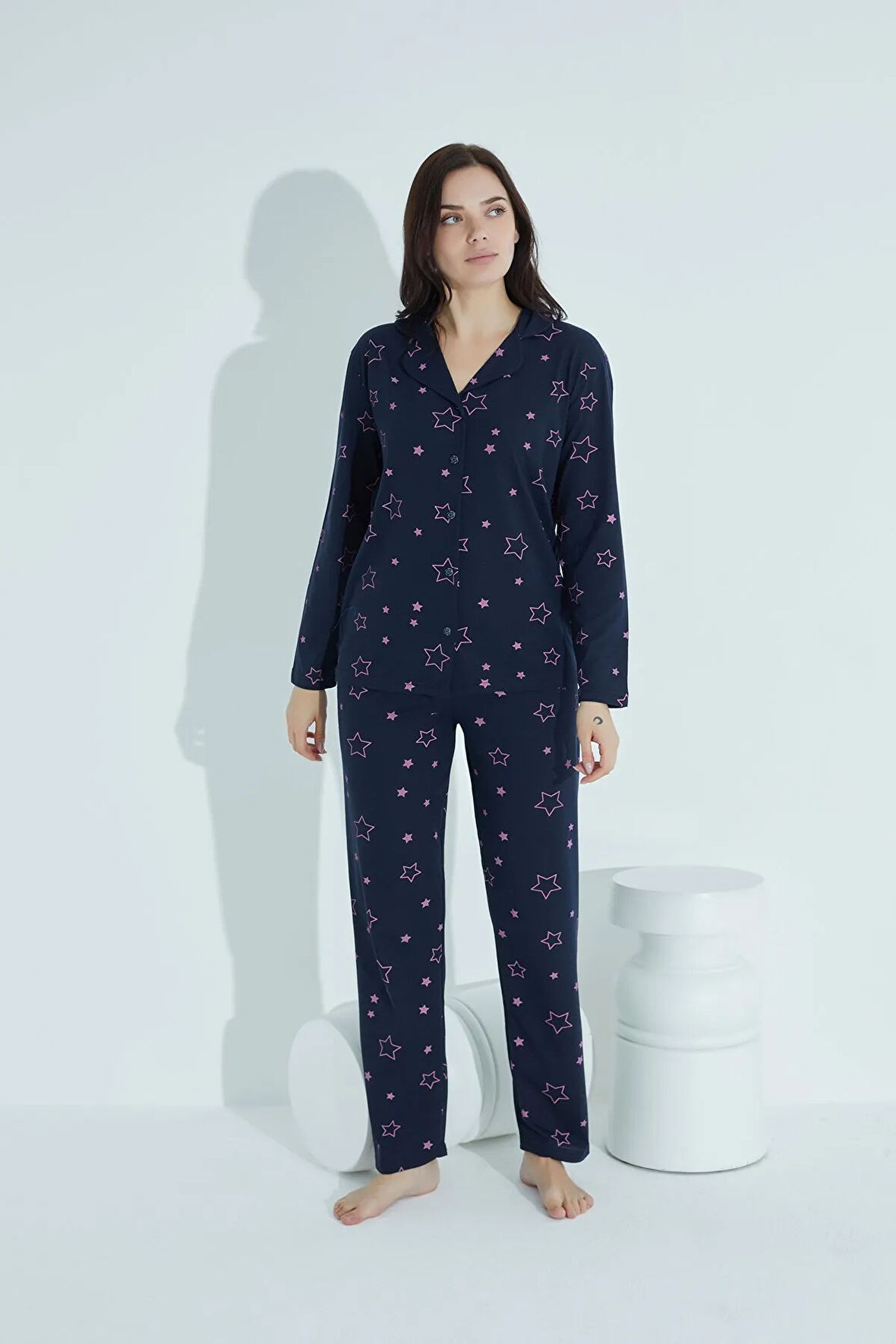 Kadın Düğmeli Deseni Pijama Takımı Gömlek Yaka Waynap 955