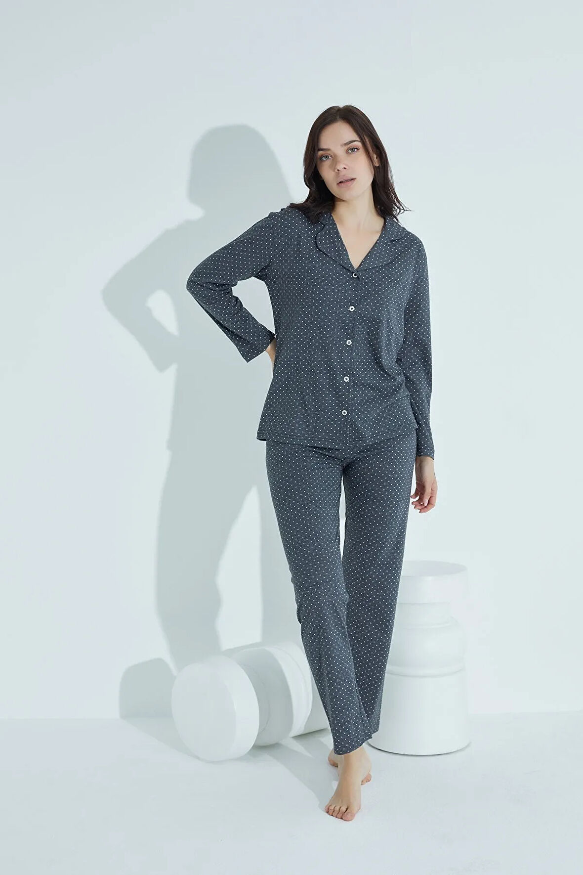 Kadın Düğmeli Deseni Pijama Takımı Gömlek Yaka Waynap 961