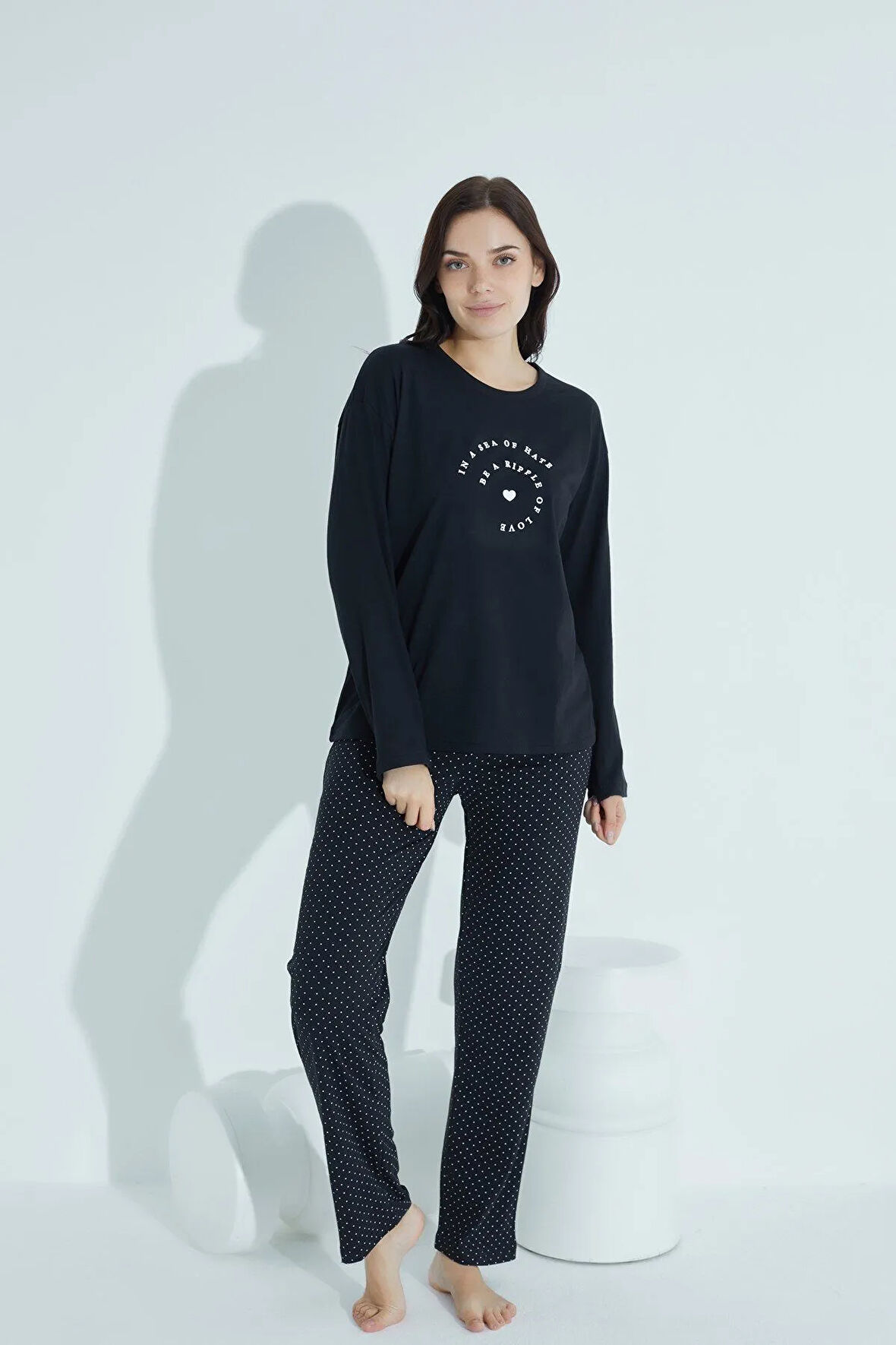 Kadın Desenli Pijama Takımı Bisiklet Yaka Waynap 959
