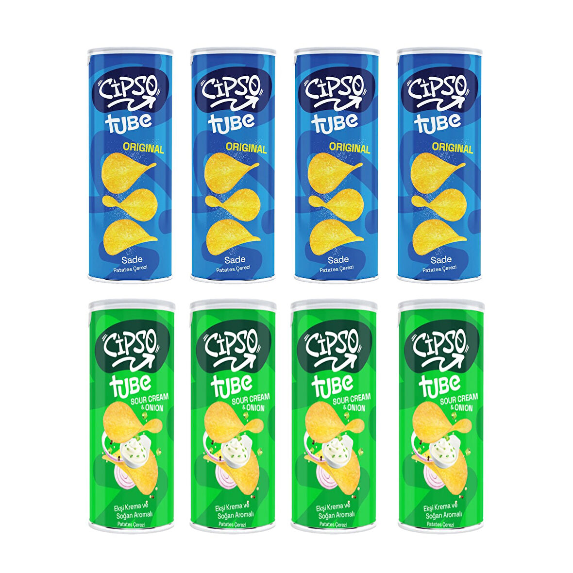 Cipso Tube 90 gr Sade ve Ekşi Krema & Soğan Aromalı Cips 8 li Karma Paket