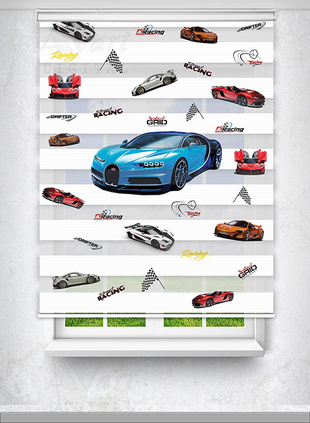 Mavi Bugatti Spor Araba Baskılı Perde - Çocuk Odası Perdesi - Baskılı Zebra Perde