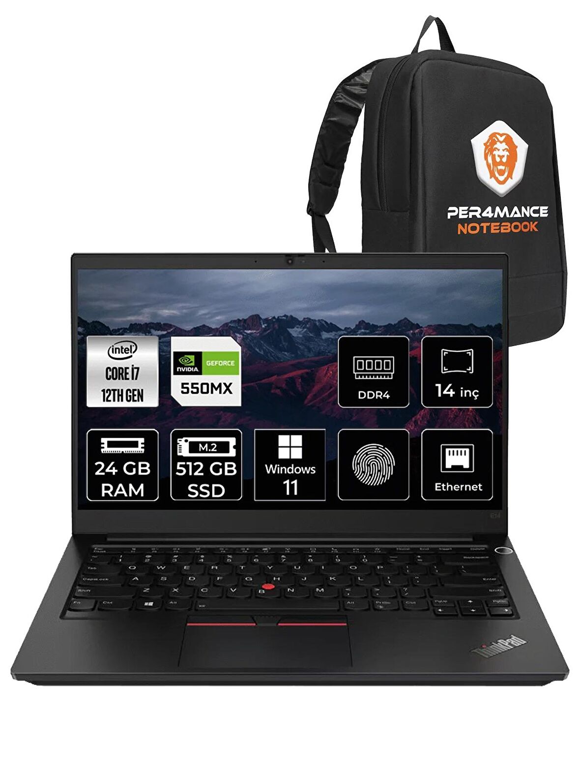 Lenovo Thinkpad E14 G4 i7-1255U 24GB 512GB SSD MX550 W11H 14" FHD 21E30061TX & PER4 ÇANTA