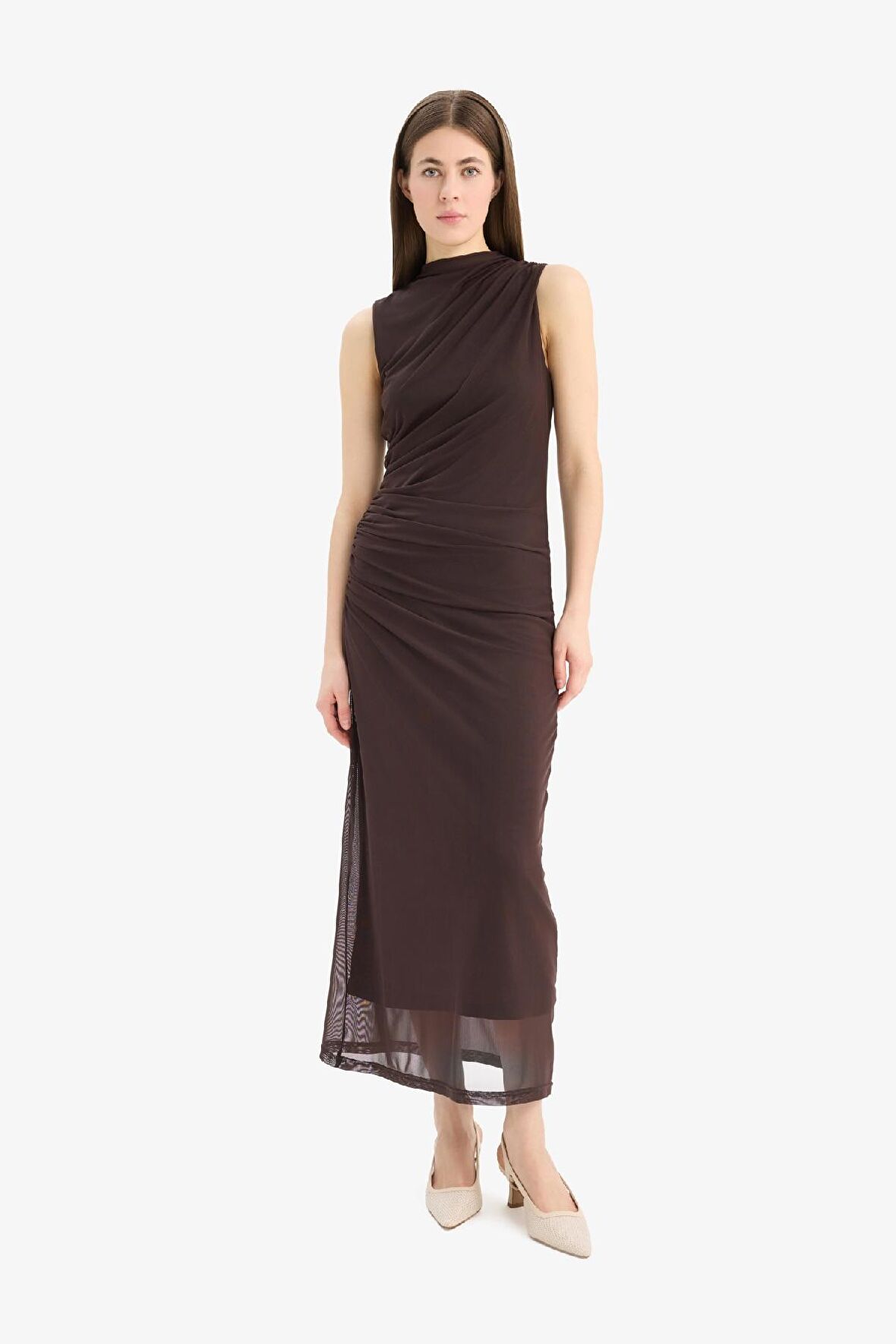 DeFacto Bodycon Vücudu Saran Yarım Balıkçı Yaka Basic Düz Tül Kolsuz Maxi Abiye Elbise C3519AX25SPBN267