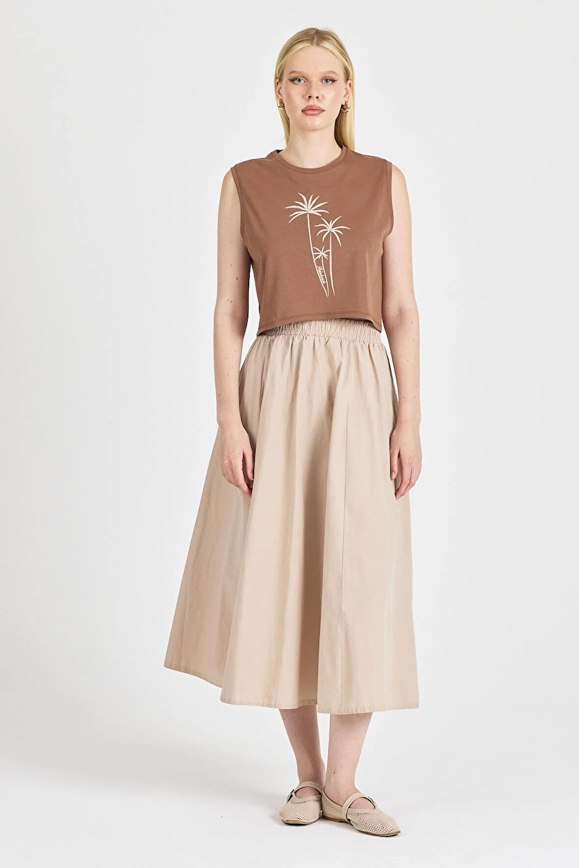 Kadın %100 Pamuk Kahve Crop