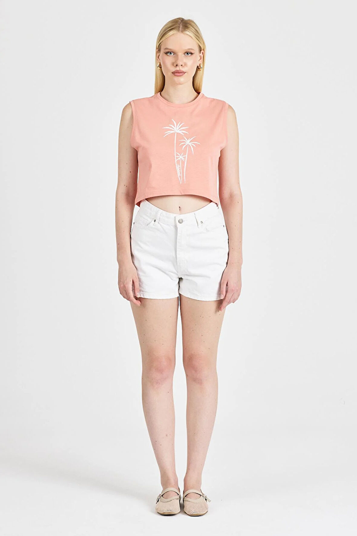 Kadın %100 Pamuk Somon Crop