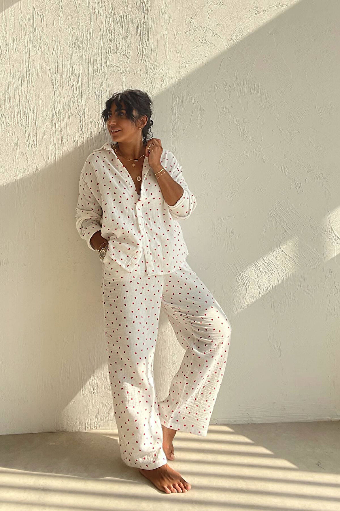 Kalp Desenli Müslin Pijama Seti