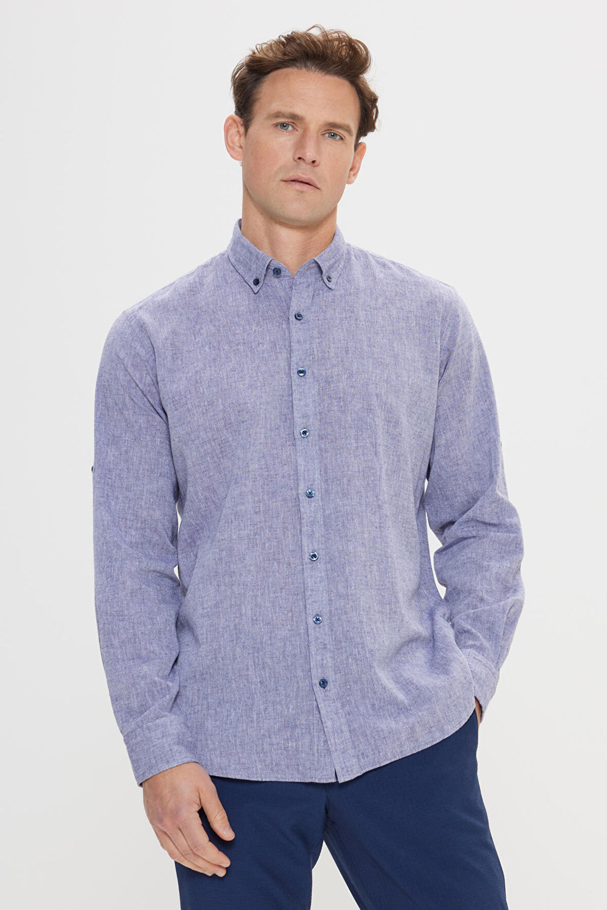 Erkek Lacivert Comfort Fit Rahat Kesim Düğmeli Yaka Casual Keten Gömlek