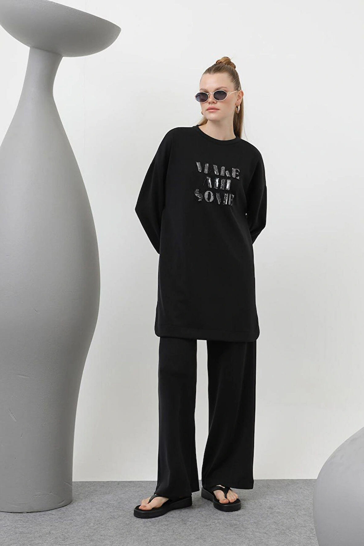 Puane Modal Kumaş Pul Yazı Detaylı Tesettür İkili Takım