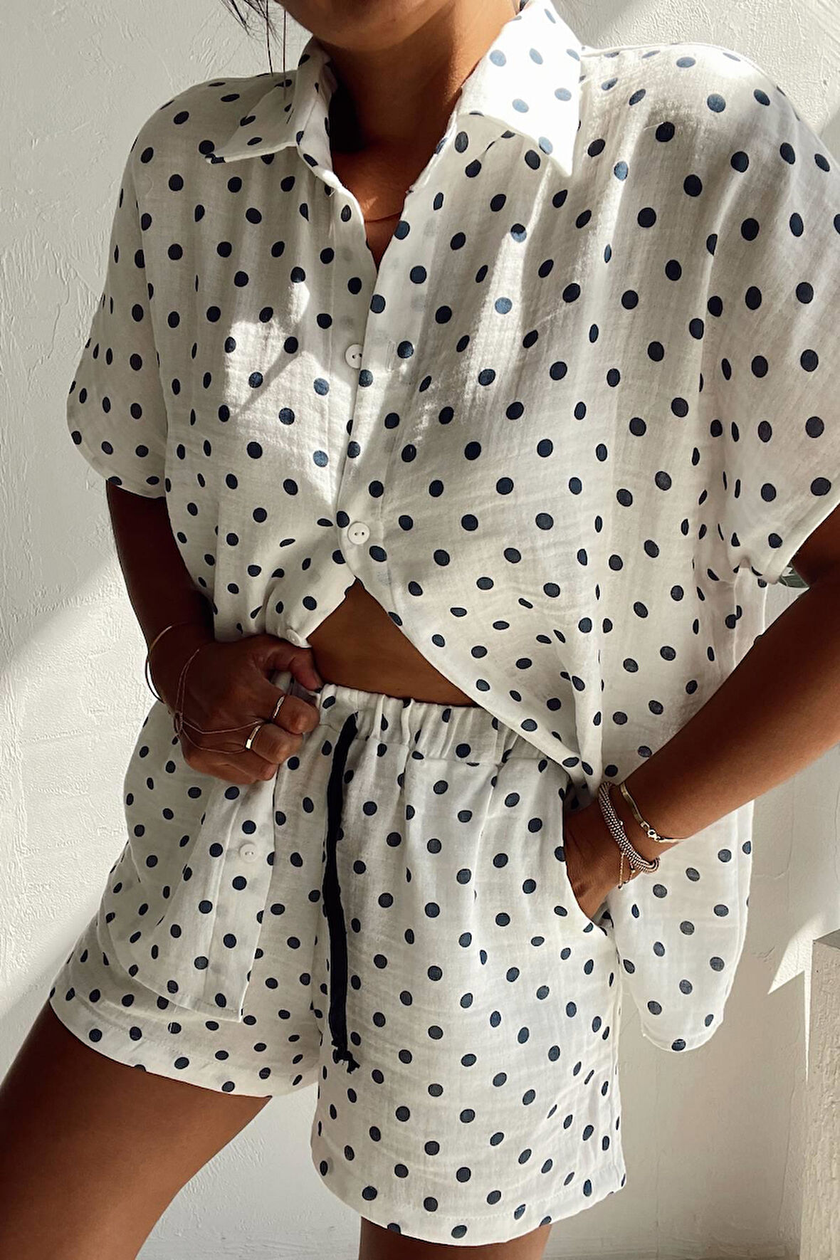 Lacivert Puanlı Müslin Şort Takım