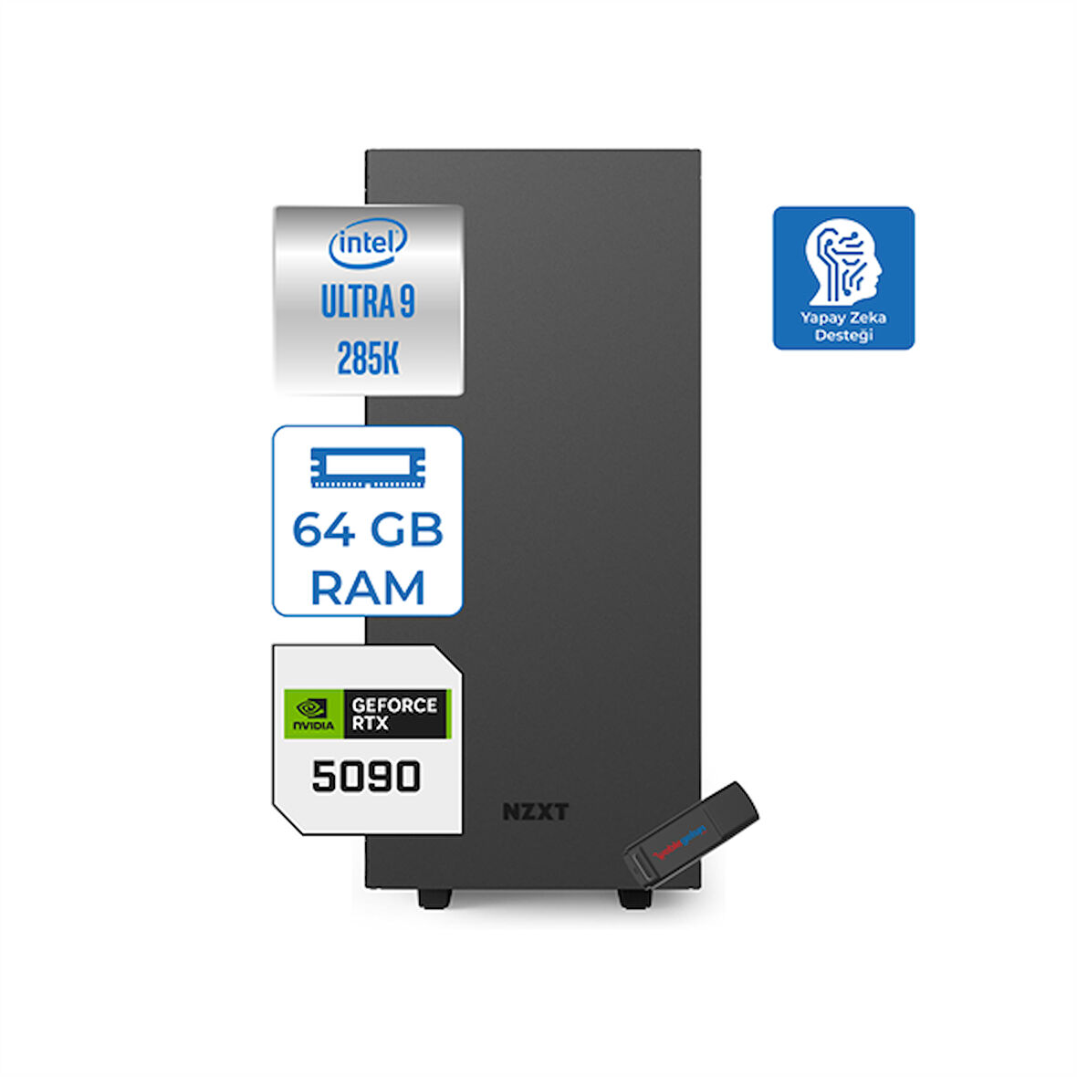Zetta Vulcan Pro Intel Core Ultra 9 285K 64GB Ddr5 1tb Gen5 SSD 32GB/RTX5090 Freedos Aı Destekli Oyun ve Render Bilgisayar ZETVUL5090F07 + Zettausbbellek