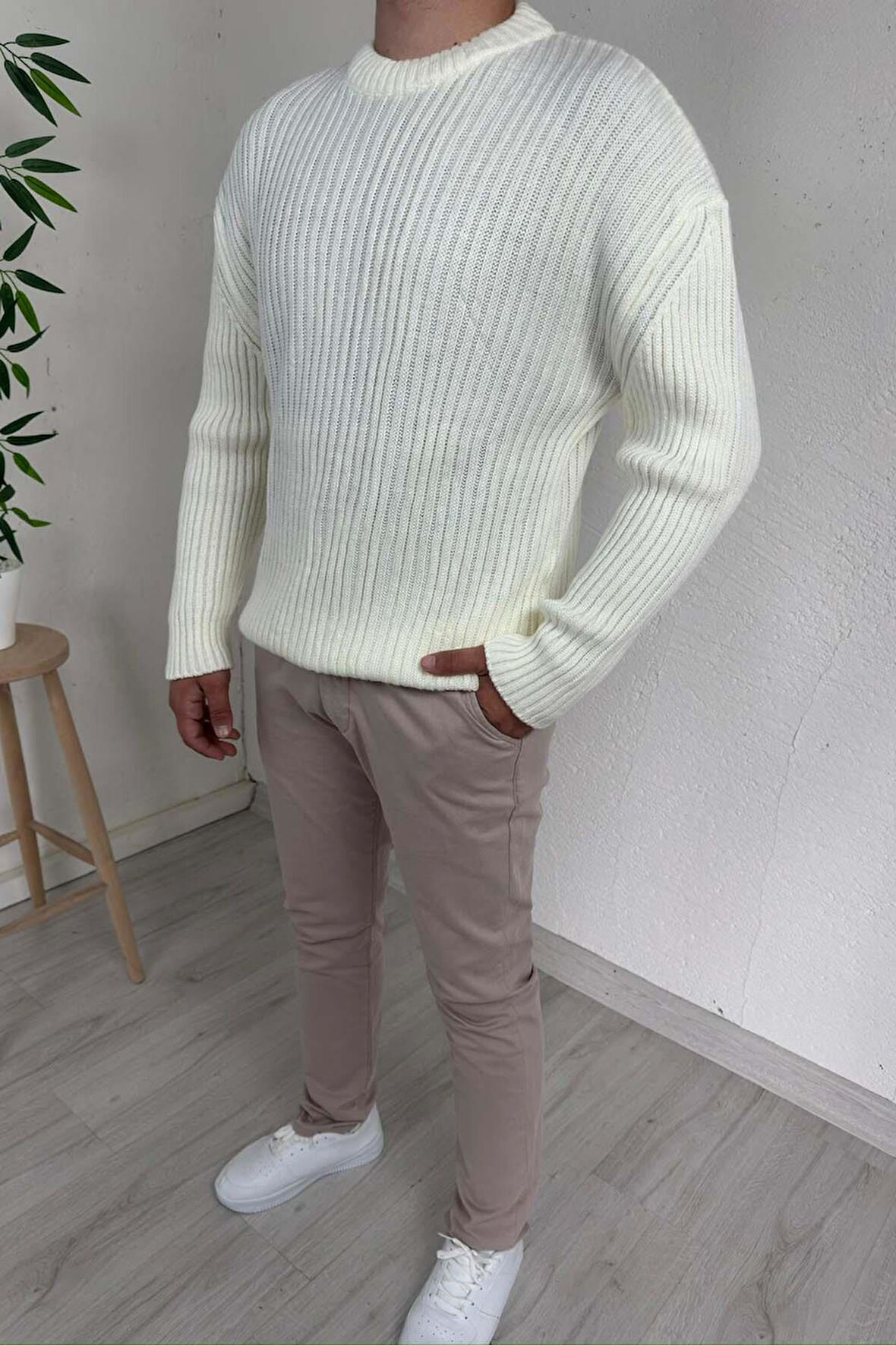 Explode - Erkek Ekru Bisiklet Yaka Oversize Triko Kazak