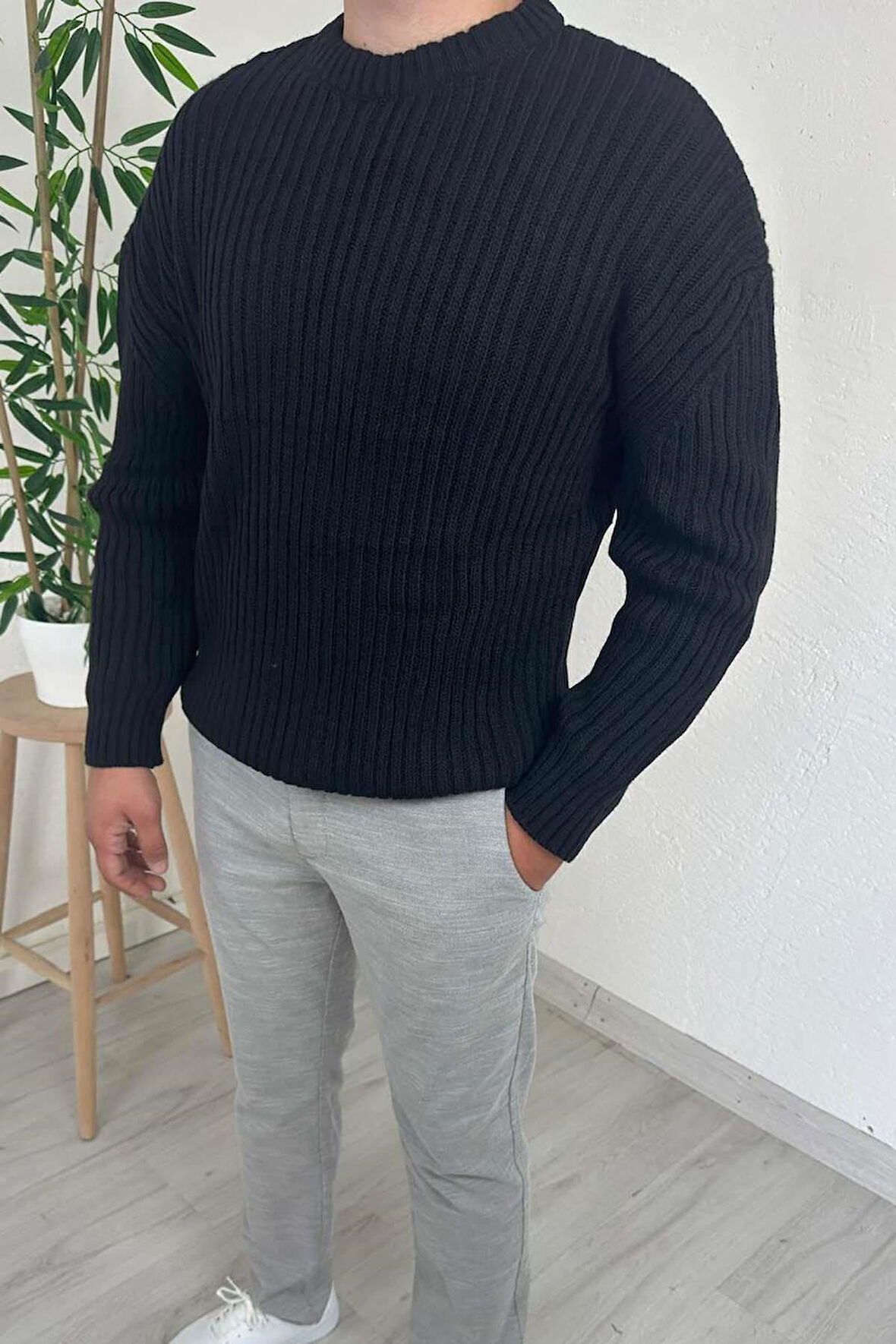 Explode - Erkek Siyah Bisiklet Yaka Oversize Triko Kazak