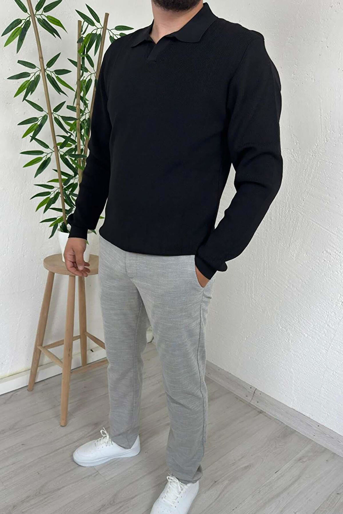 Explode - Erkek Siyah Polo Yaka Regular Triko Kazak