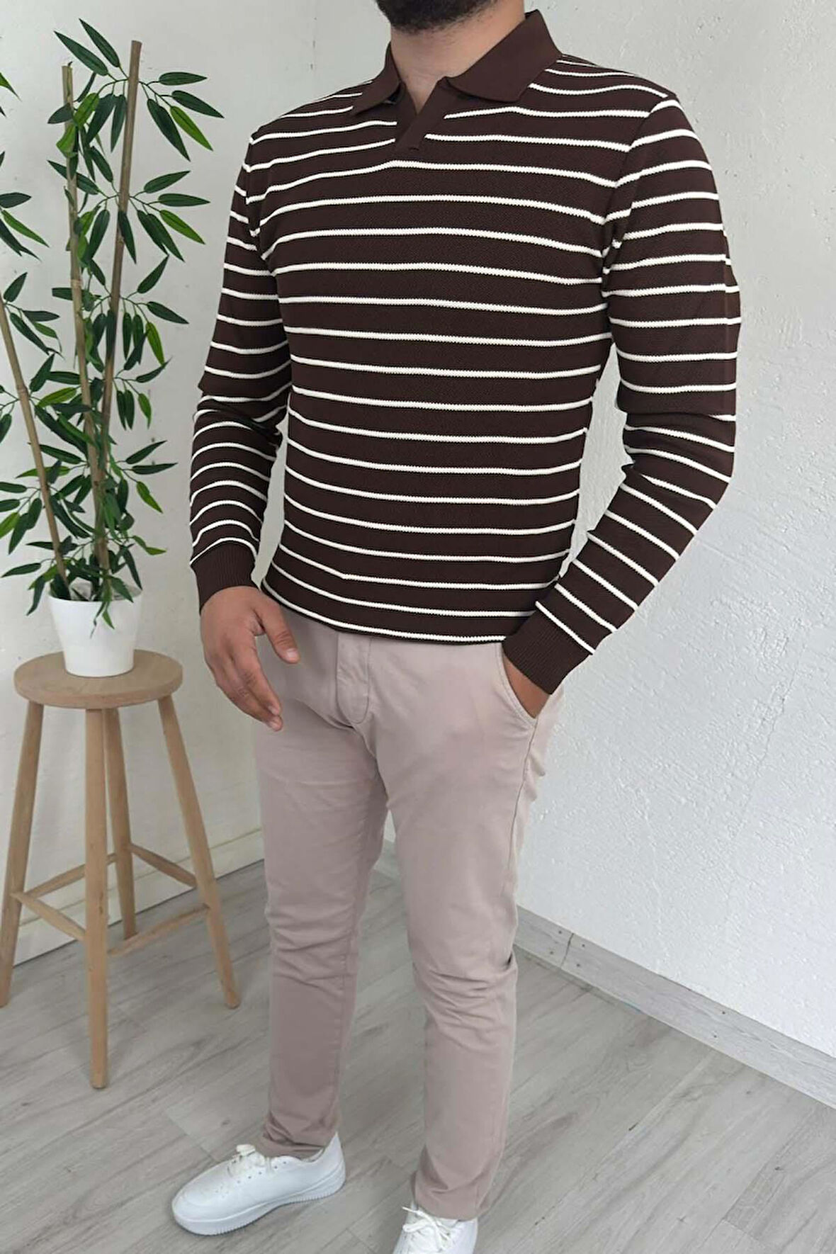 Explode - Erkek Kahve Çizgili Polo Yaka Oversize Triko Kazak 