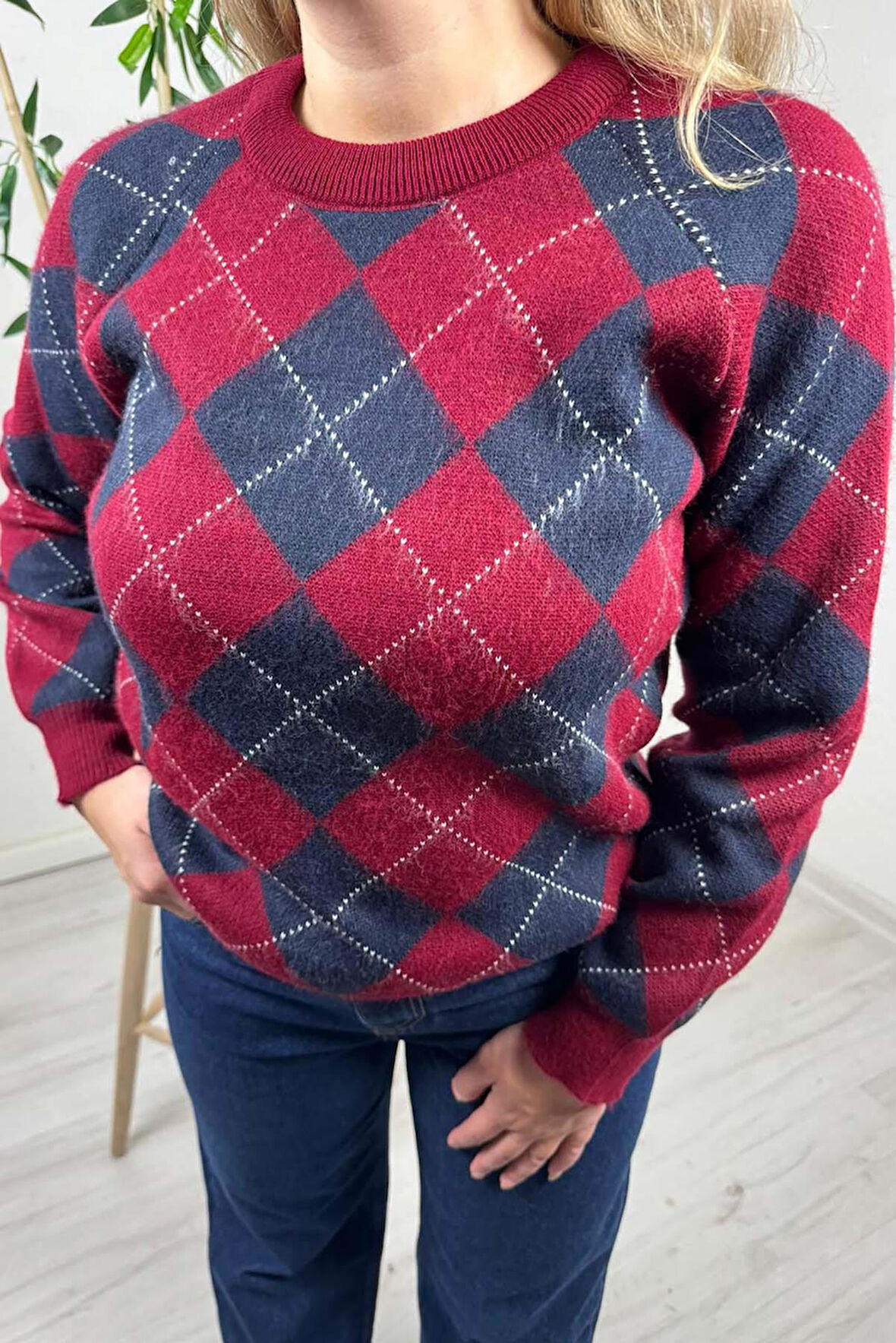 Explode - Kadın Bordo-Lacivert Baklava Desenli Bisiklet Yaka Oversize Triko Kazak