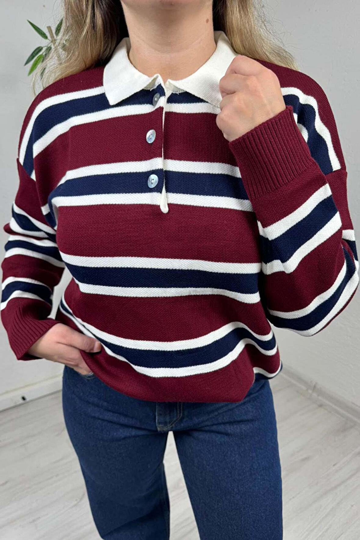 Explode - Kadın Bordo Polo Yaka Çizgili Oversize Triko Kazak