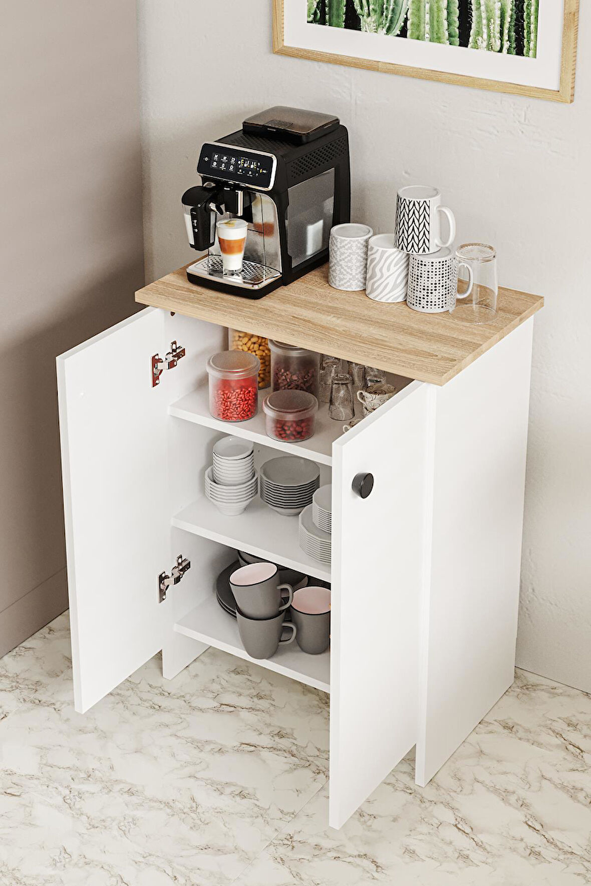 Dorta Mutfak Dolabı 2 Kapaklı 3 Raflı Kahve Köşesi Kiler Dolabı Beyaz Meşe