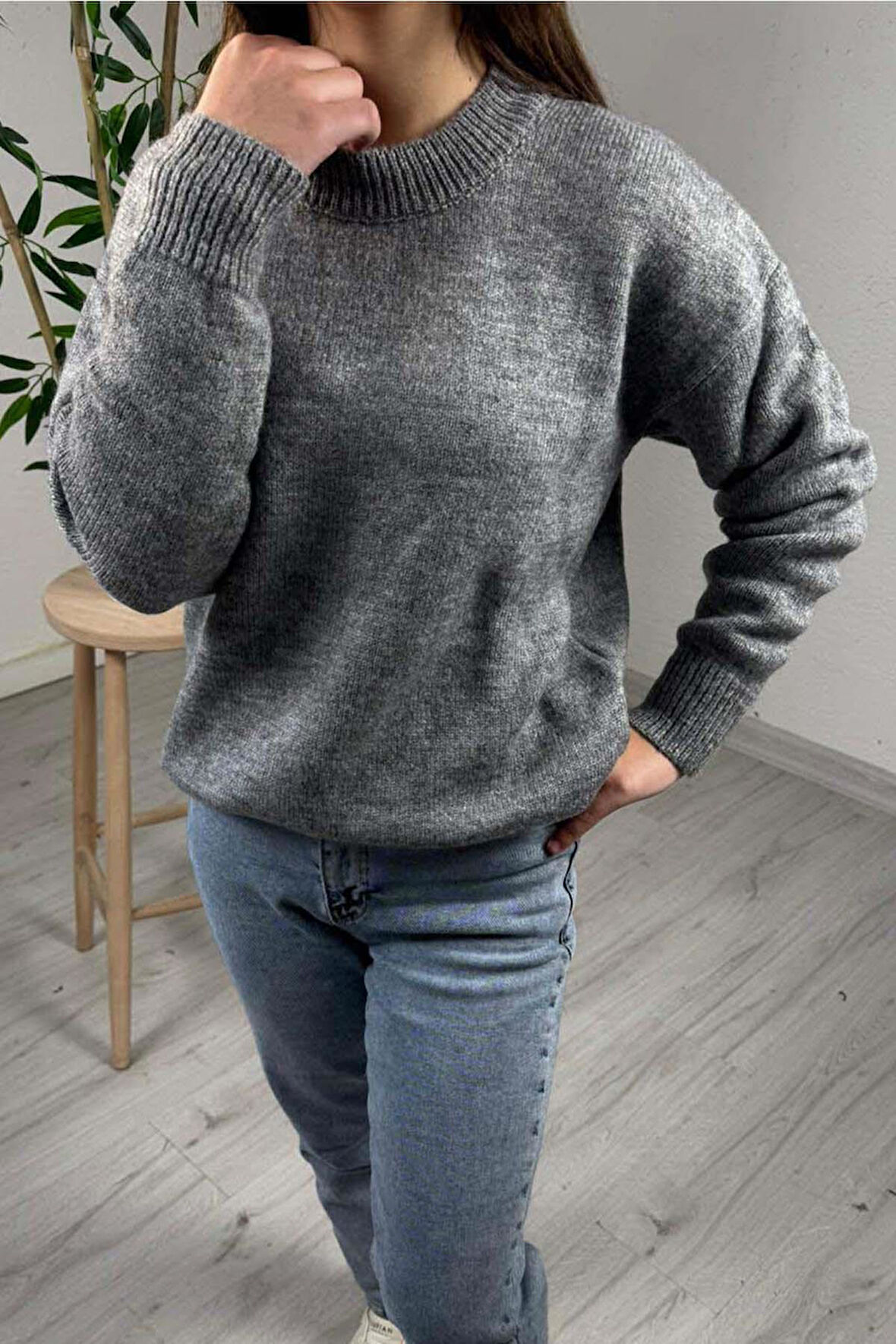 Explode - Kadın Gri Bsiklet Yaka Basic Kazak