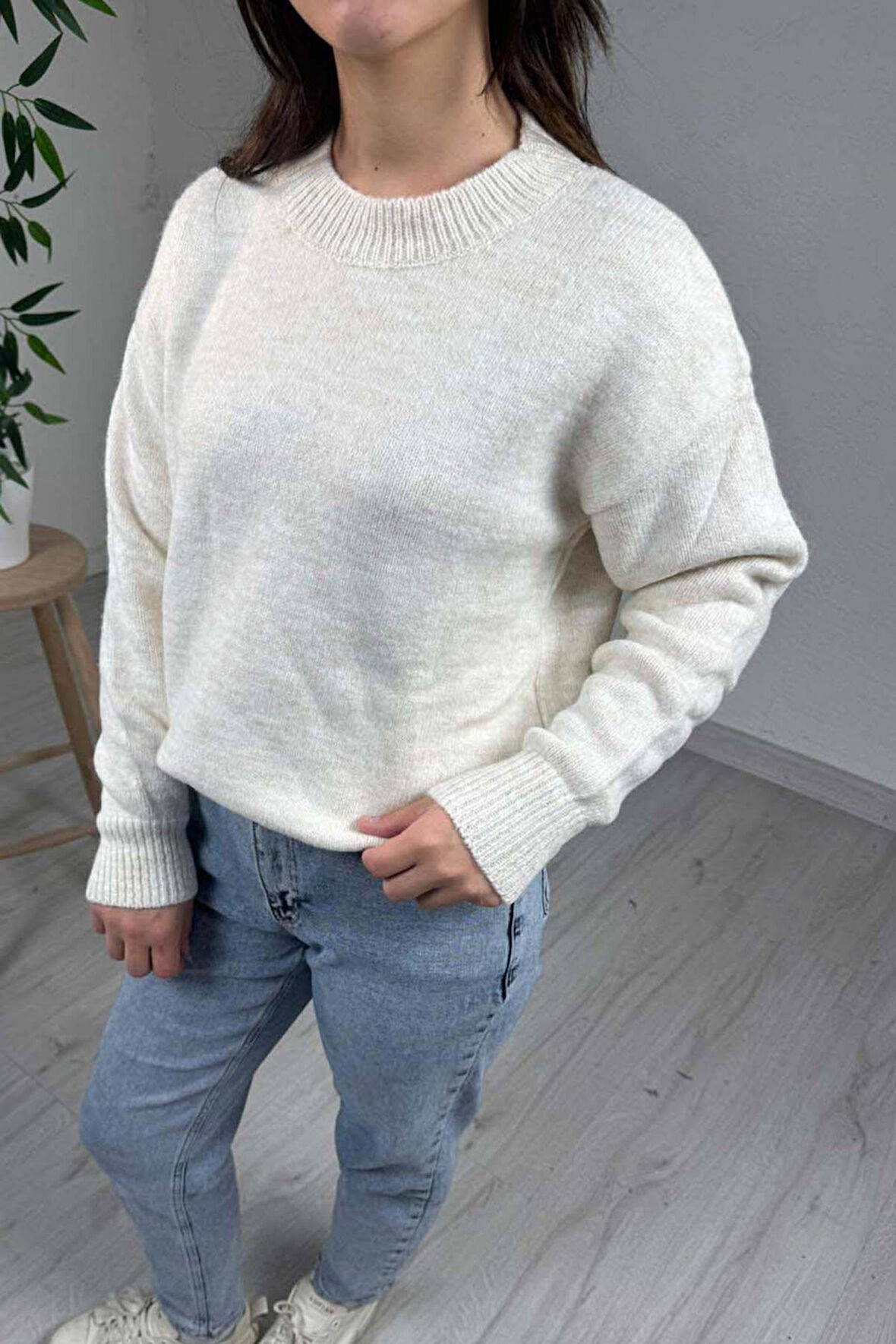 Explode - Kadın Bej Bisiklet Yaka Basic Kazak