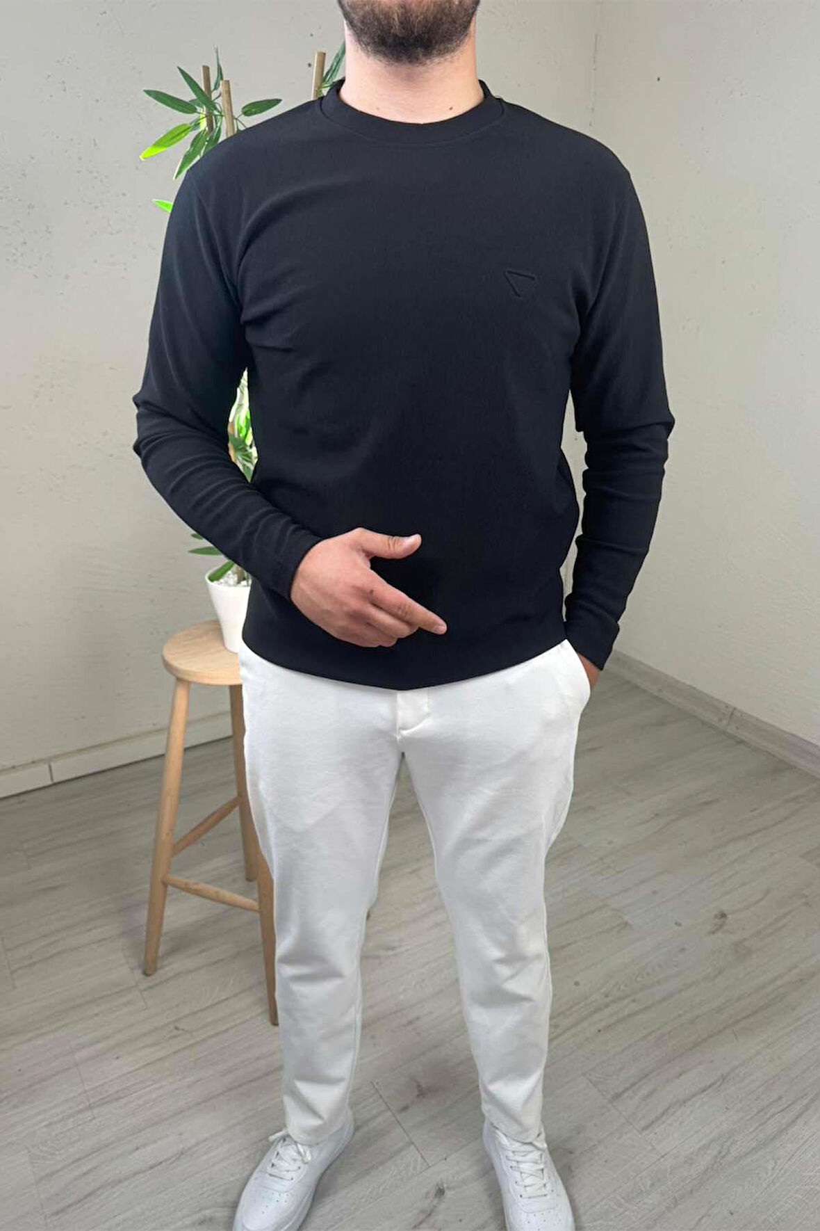 Explode - Erkek Siyah Bisiklet Yaka Slim Kazak